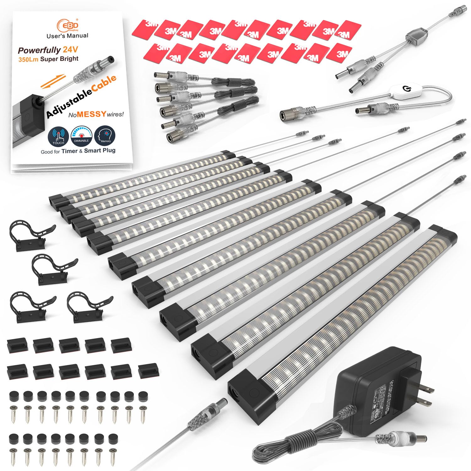 EBD Illuminazione sotto armadio spina o cablato, 9 pezzi da 30,5 cm, nessun cavo disordinato Cavo regolabile integrato Luce LED 6500 K 4050 lm, 3 cavi splitter a Y luci da banco ordinate per mensola