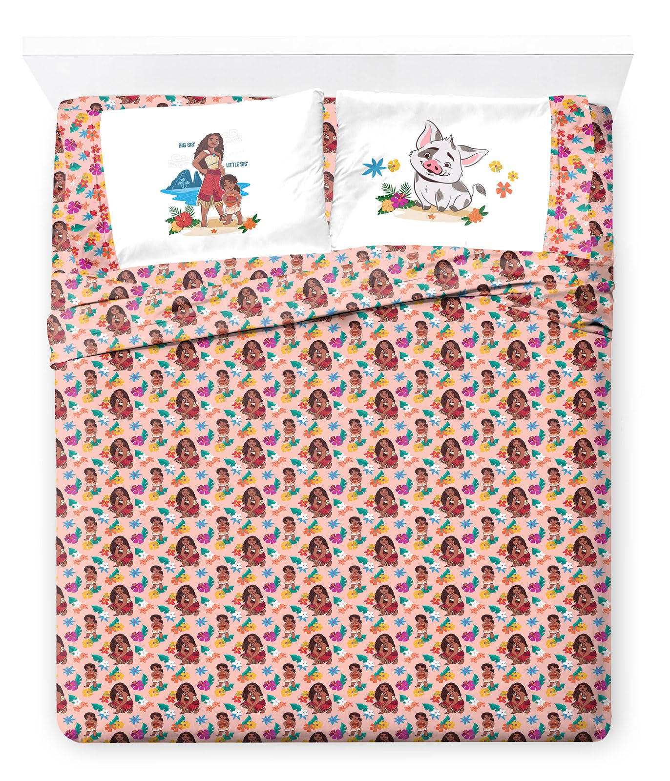 Jay Franco Disney Moana Queen Size Sheet Set - Super Soft 4 Piece Bedding Set with Pua and Simea - Tropical Floral Microfiber Sheets Includes Reversible Pillow Covers