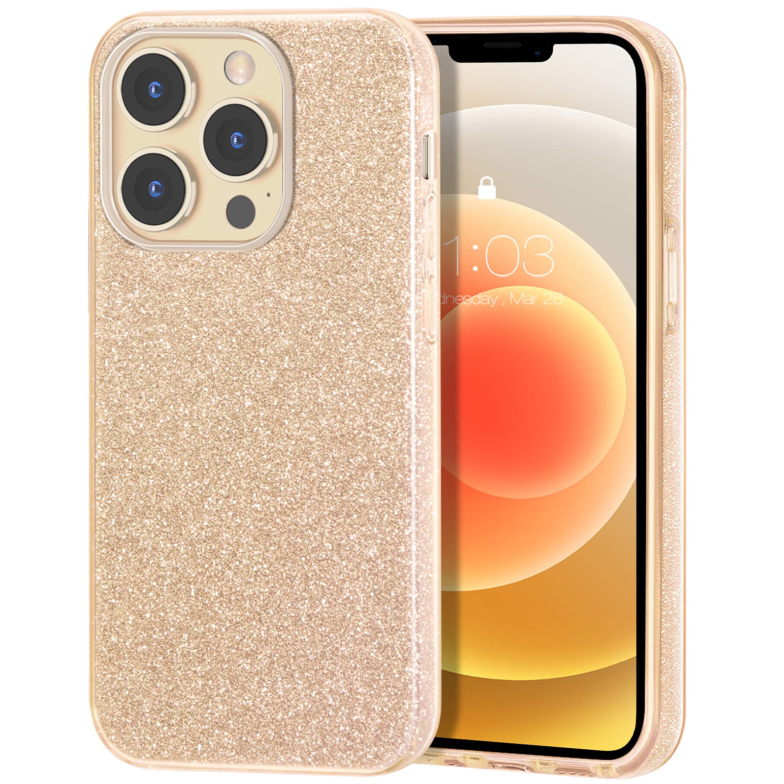 zelaxy Case Compatible with iPhone 13 Pro, Protective 3 Layer Anti-Slick Slim Bling Sparkly Glitter Cover for iPhone 13 Pro 6.1" 2021 (Gold)