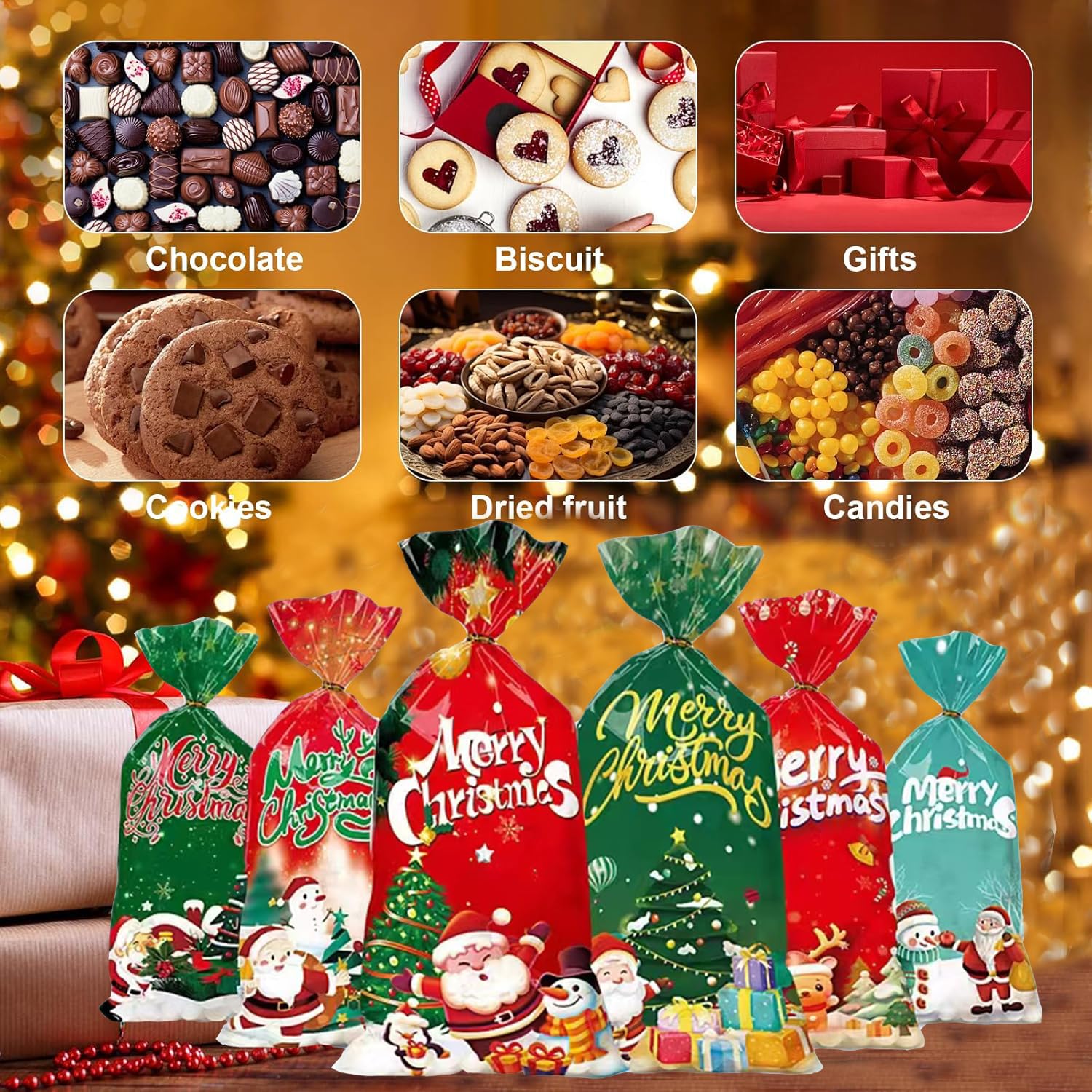 WOGOPRO 120 Sacchetti Per Biscotti Di Natale In Cellophane Con 120 Chiusure – 6 Design Diversi, 13x27 Cm - 3
