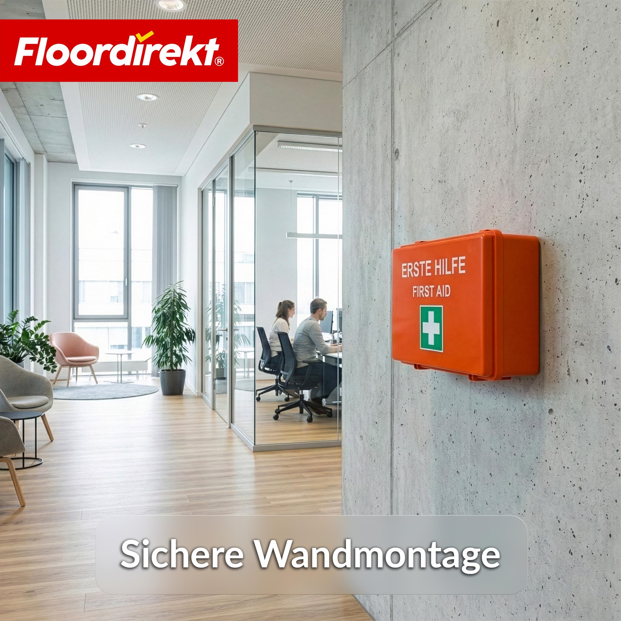 Floordirekt Erste Hilfe Kasten - DIN 13157:2021 - inkl. Wandhalterung, 5x Aufkleber & Plombe - Verbandskasten Betrieb - Erste Hilfe Koffer für Betrieb - Büro & Zuhause (Erste Hilfe Set)