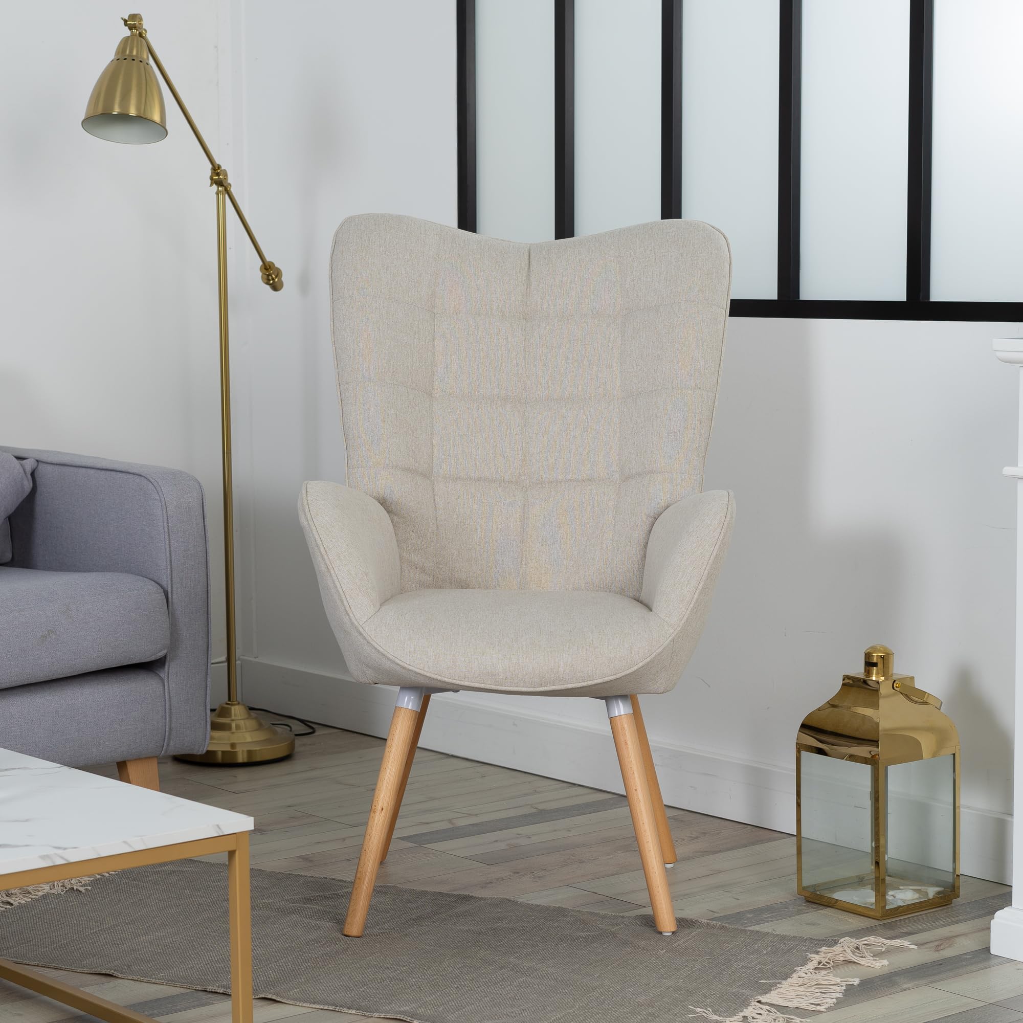 MEUBLE COSY Poltrona Imbottita Scandinavia Sedia da Salotto con Braccioli Poltroncina Relax in Tessuto con Schienale Alto Gambe in Legno per Camera da Letto Soggiorno, Beige, 66x64x106cm