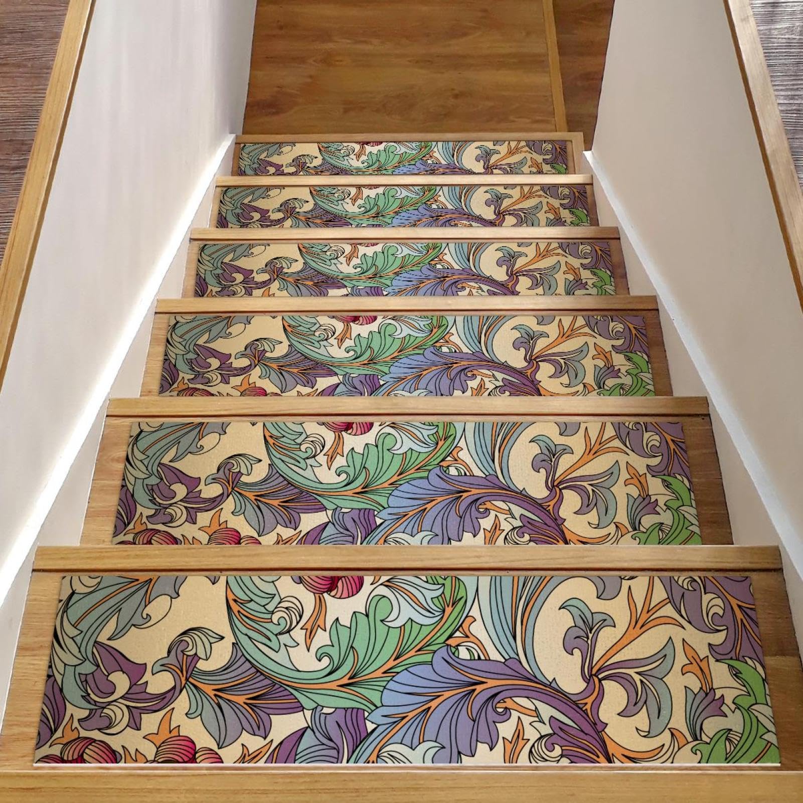 Peldaños de escalera bohemios de 8x30 pulgadas para transformar salones con suelos de madera