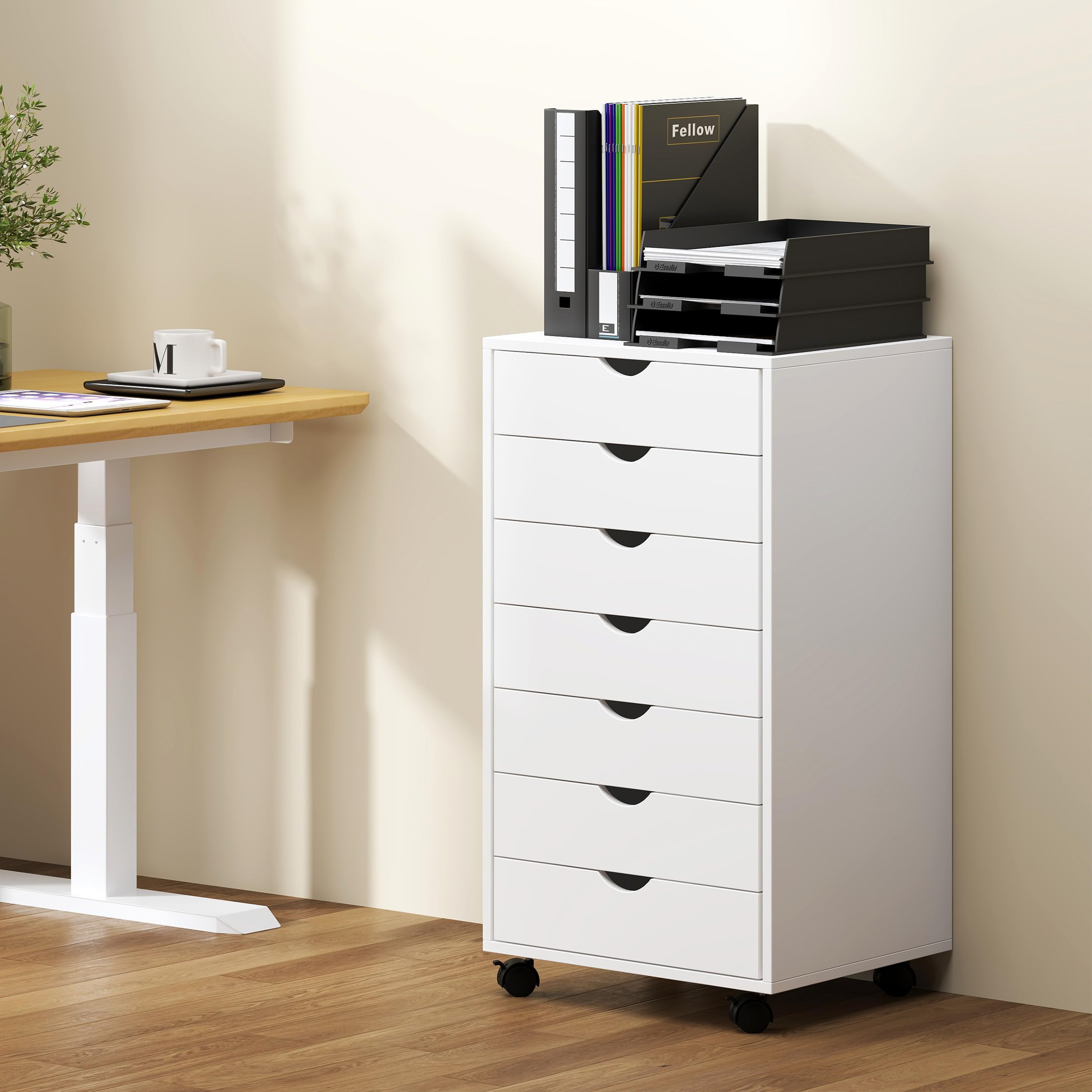 SDHYL Armadietto verticale a 7 cassetti, con ruote, mobile per casa, ufficio, sotto scrivania, 7 cassetti, bianco