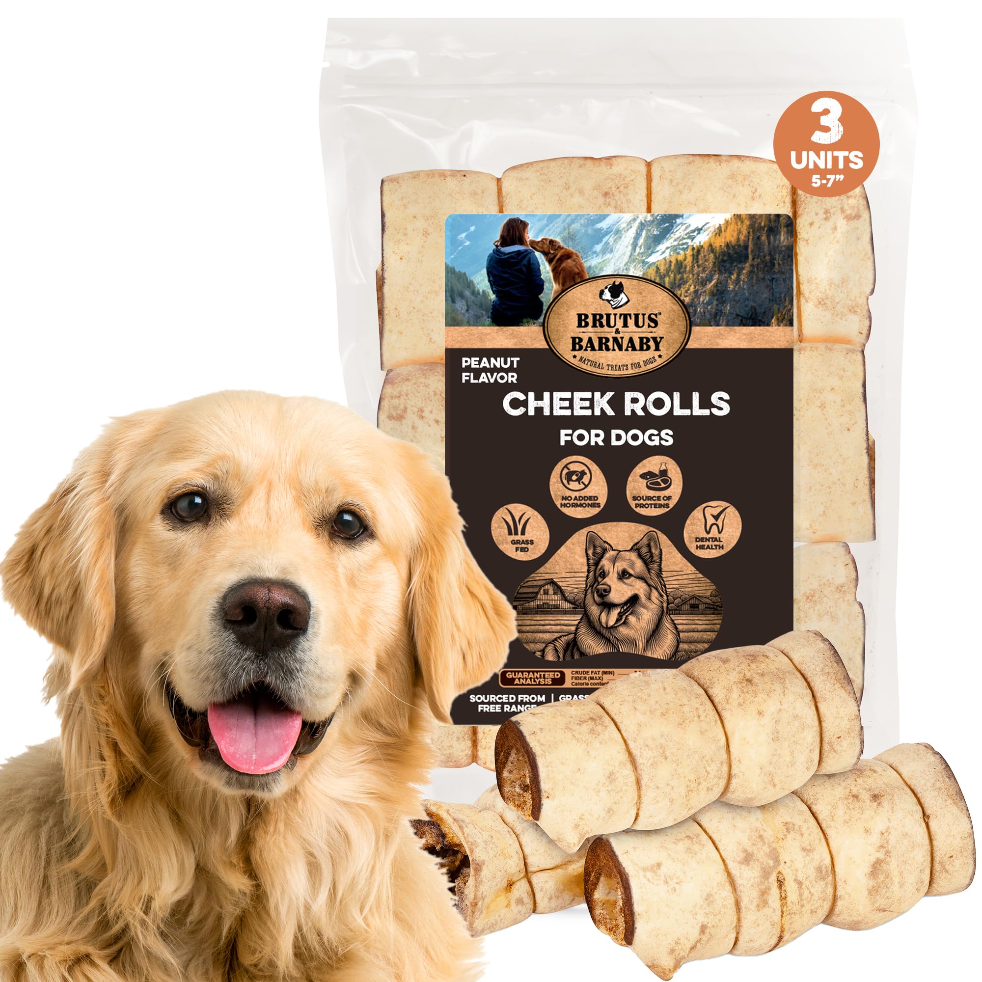 Premium Beef Cheek Rolls for Dogs 5-7" - (3-Pack), Peanut Butter Flavored Long Lasting, Safe & Natural Rawhide Alternative Chews, Ideal for Large Dogs & Aggressive Chewers, Supports Dental Health