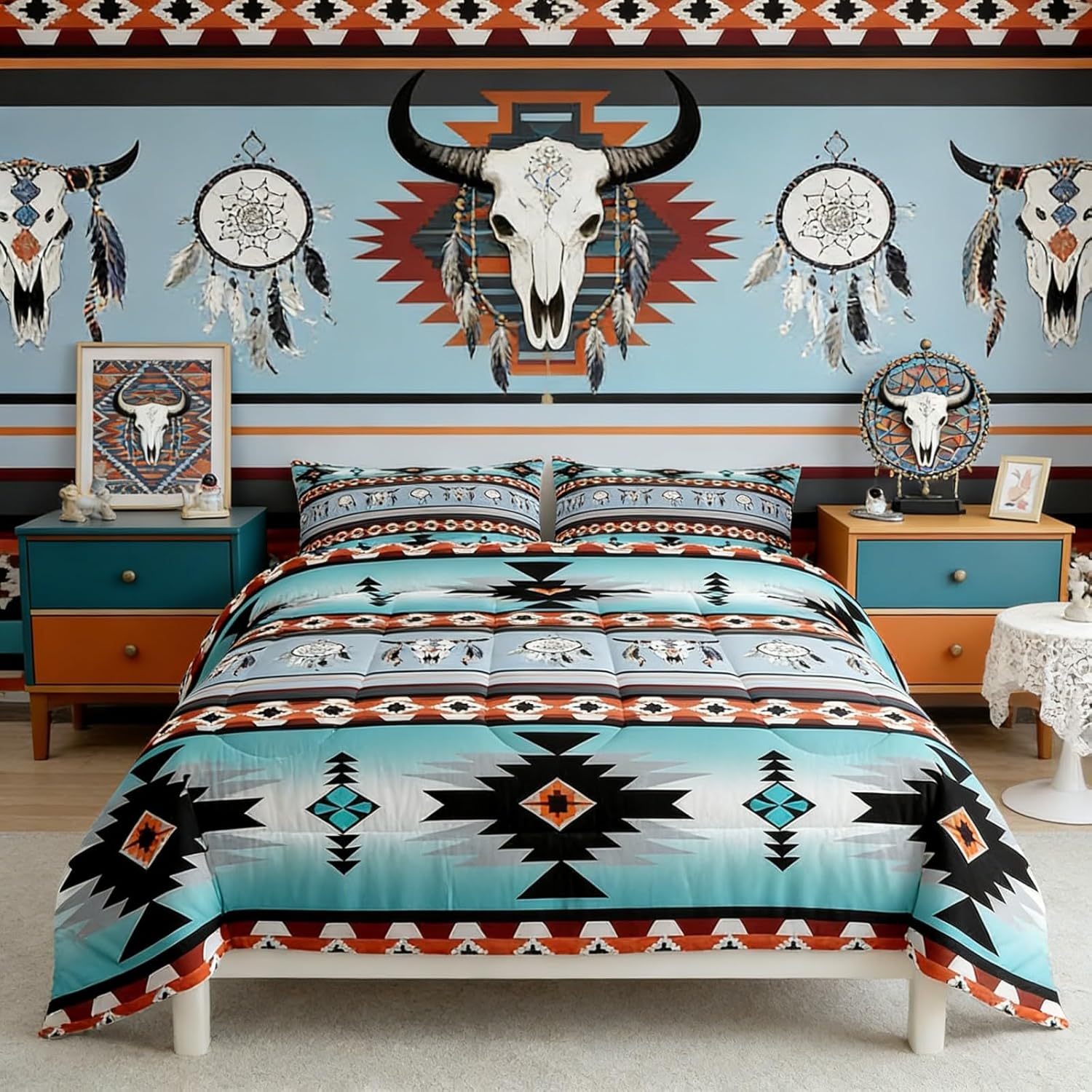 Erosebridal Western Bedding Sets Queen, Exotic Bull Skull Comforter Set, Dream Catchers Tribe Feather Duvet Insert, Southwestern Quilt With Animals, Boho Aztec Decor - Blue, Teal, Orange