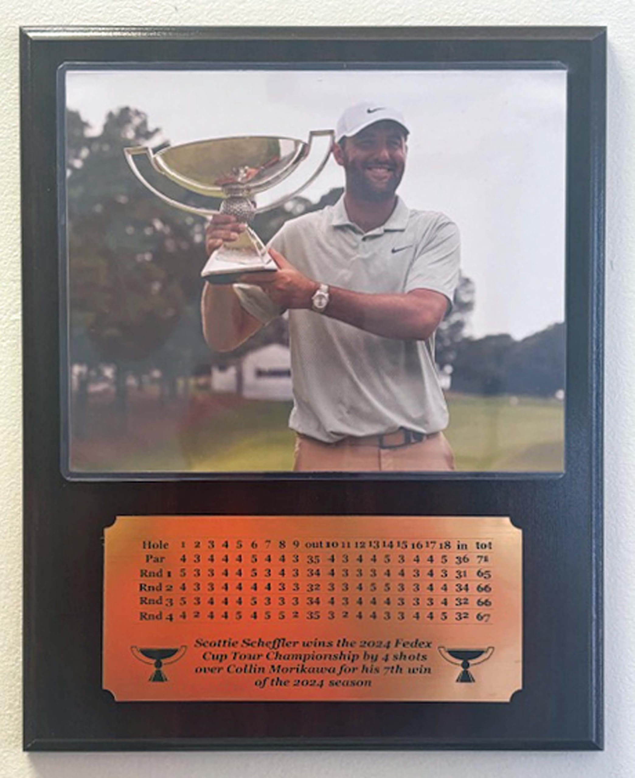 Scottie Scheffler 2024 Fedex Cup Champion Plaque with engraved 4 round scorecard nameplate (Mahogany)