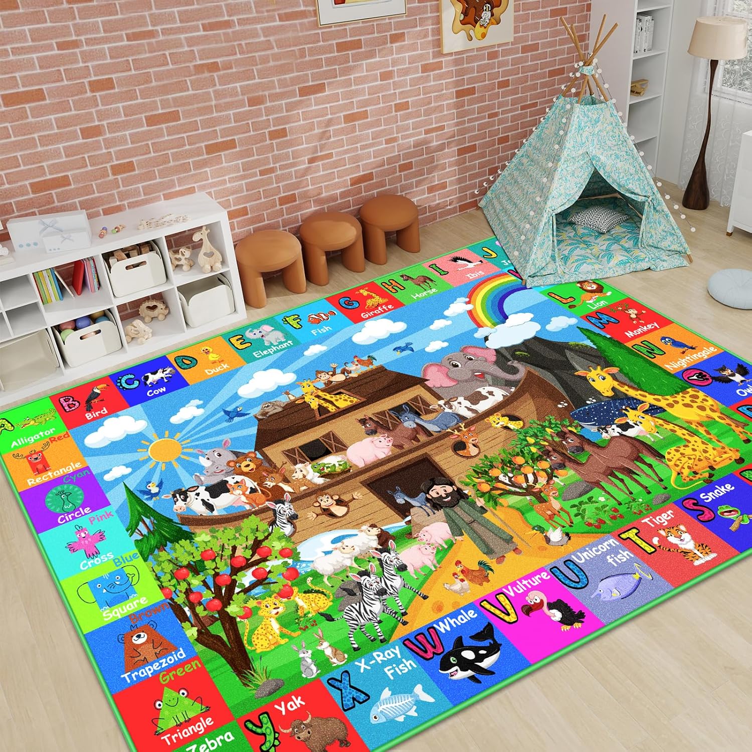 ABC Kids Rug for Playroom 110×78.7 in Noah's Ark Animals Rug Baby Play Mat Alphabet Playmat Shape Color Classroom Carpet Kids Playroom Early Learning Carpet for Preschool Toddlers Tummy