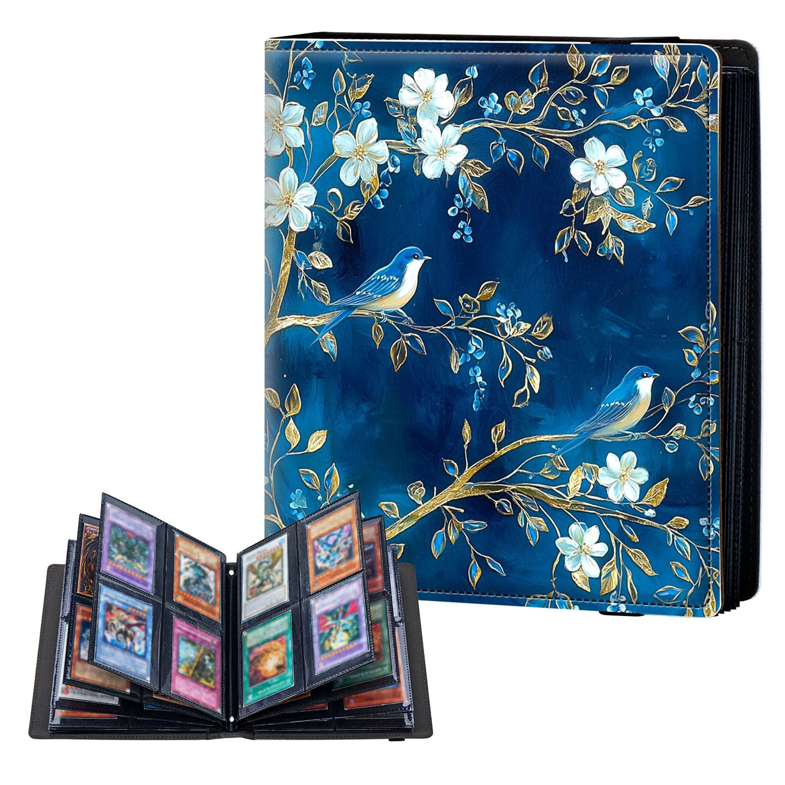 ETLKJVBL 4 Pocket Trading Card Binder, Card Collection Binder for TCG, MTG, Sports Cards, Baseball, Vintage Blue Birds Flowers Trading Card Book Holder for Collectors, Top Loader Binder — image 1