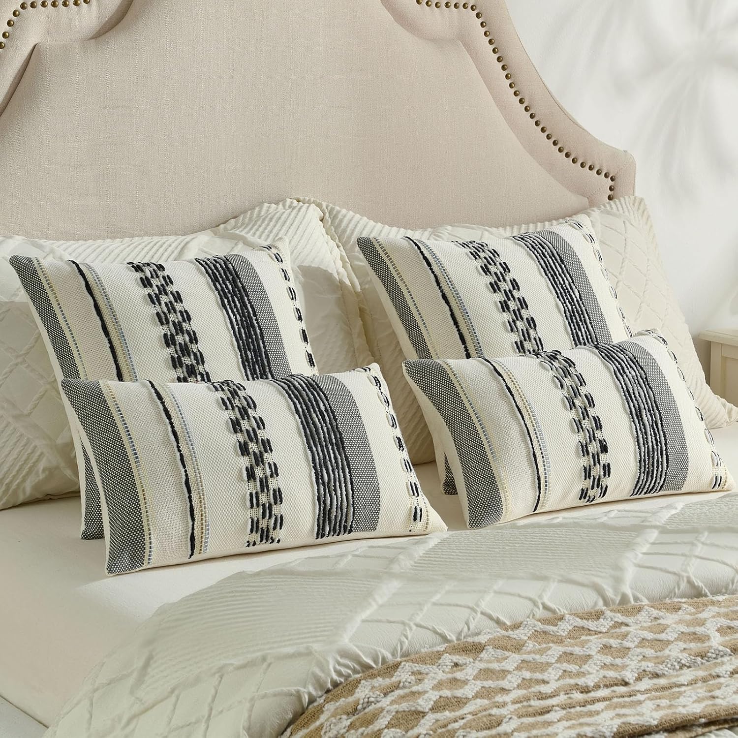 FUTEI Black White Decorative Throw Pillow Covers 18x18 Inch Set of 2, Soft Tufted Striped Textured Accent Cushion Case,Boho Pillows for Couch Decor - Image 6