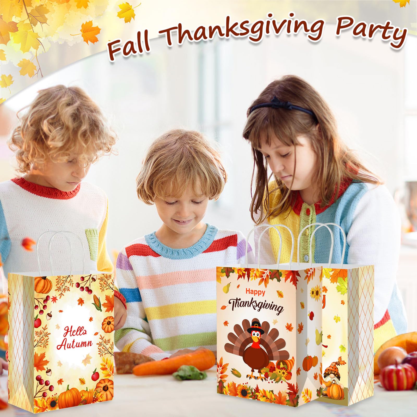 Whaline 16-Pack Thanksgiving Gift Bags - Kraft Paper Autumn Harvest Party Favor Bags