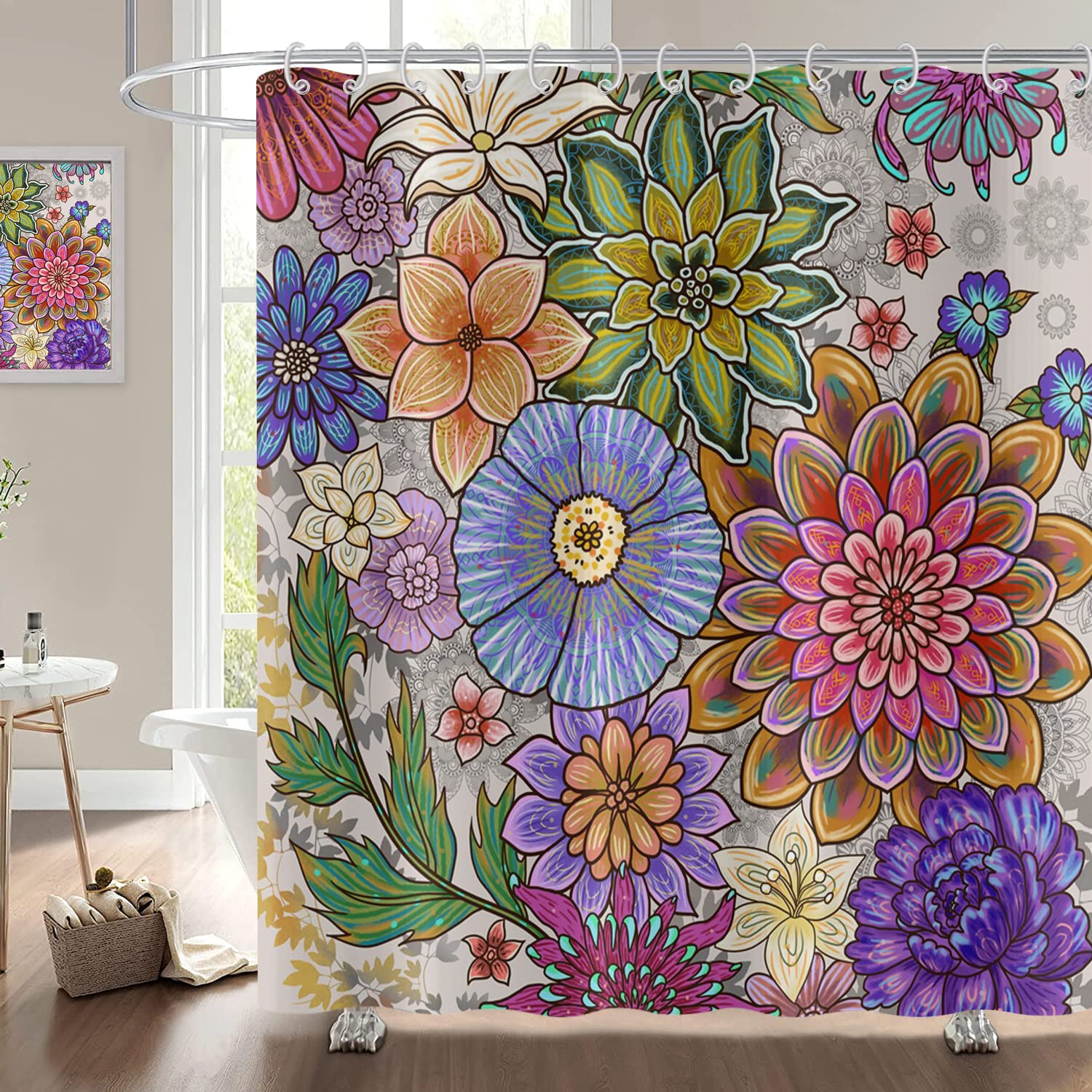 Hnmdmyi Cortina de Baño Boho Flores 180x200, Cortina de Baño Bohemia Flores Coloridas Arte Estético Vintage Blossom Cortina de Baño Tejido Poliéster Impermeable Lavable para Baño con Ganchos
