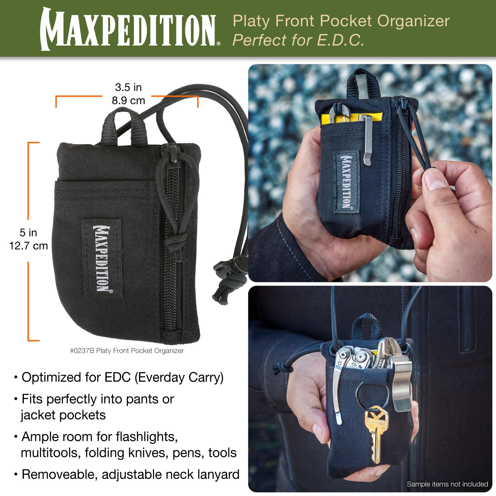 MAXPEDITION Platy Organiseur de poche, pochette à outils EDC durable pour homme, portefeuille tour de cou avec cordon en paracorde, peut contenir une lampe de poche, des outils multiples, un stylo, un