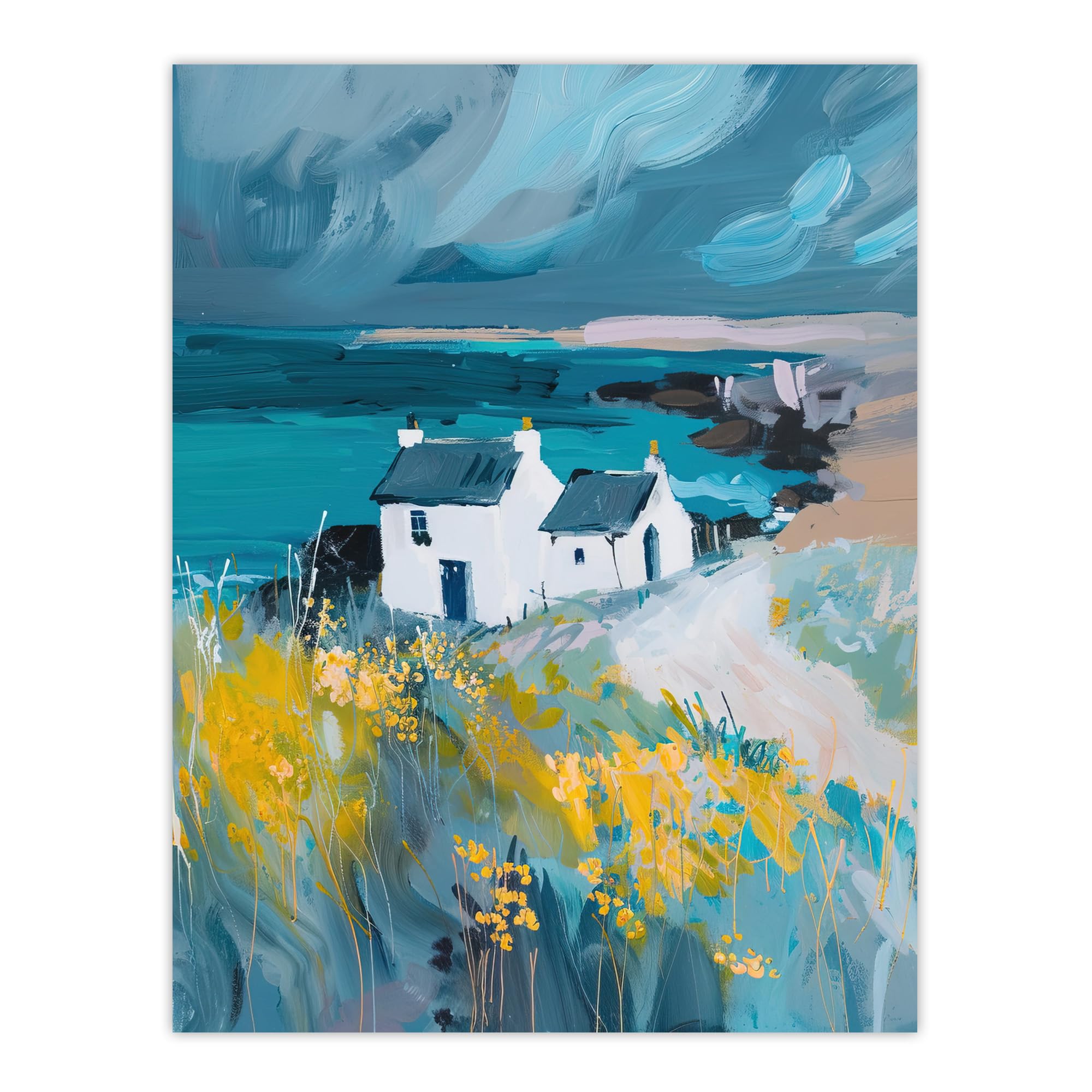 Artery8 Coastal Scottish Cottage Wildflowers Oil Painting Living Room Unframed Wall Art Print Poster Home Decor Premium