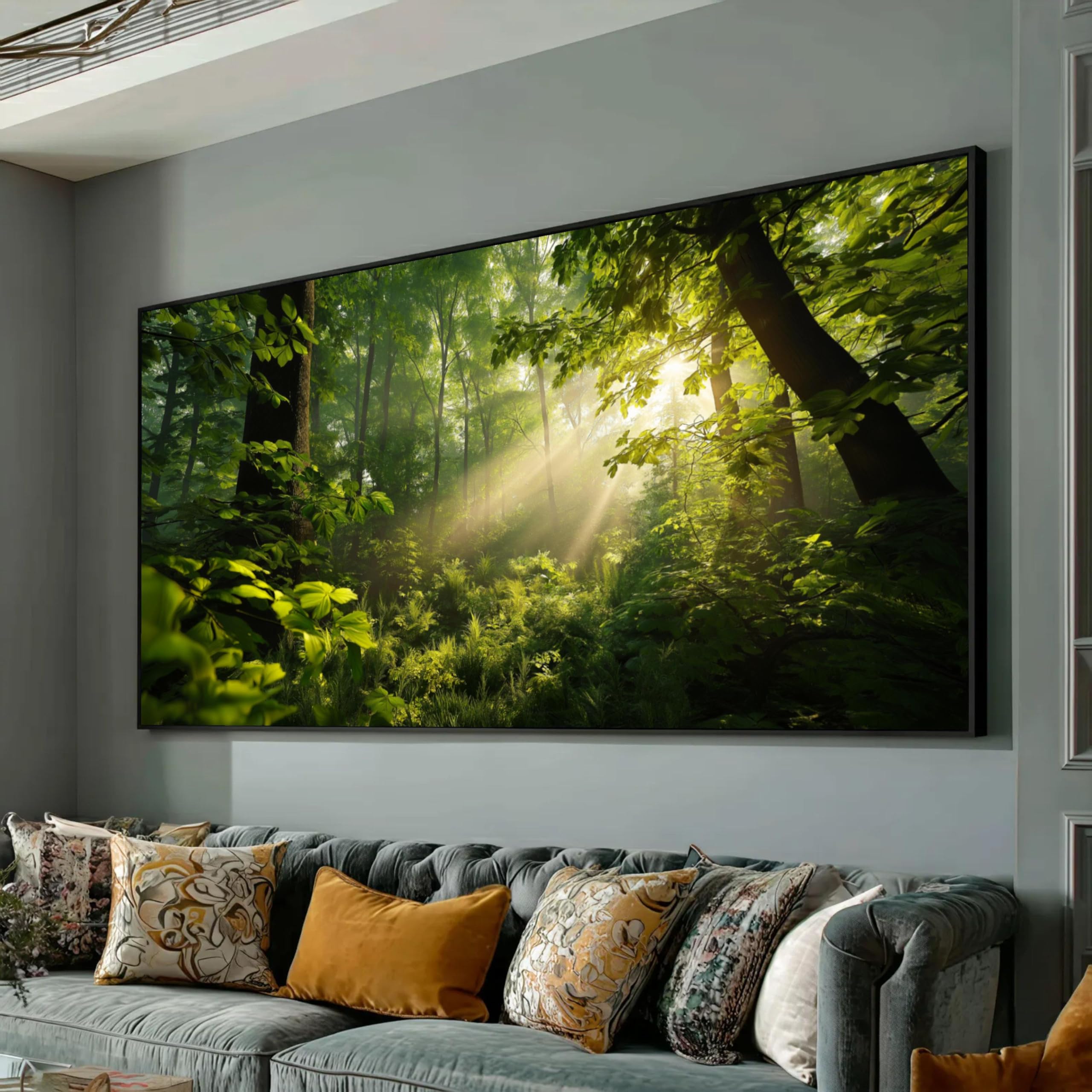 TONGYINLI Green Forest Canvas, Nature Wall Art, Sun Through Trees Posters, Forest Landscape Painting, Tranquil Woodland Decor(65x120cm/Frameless)