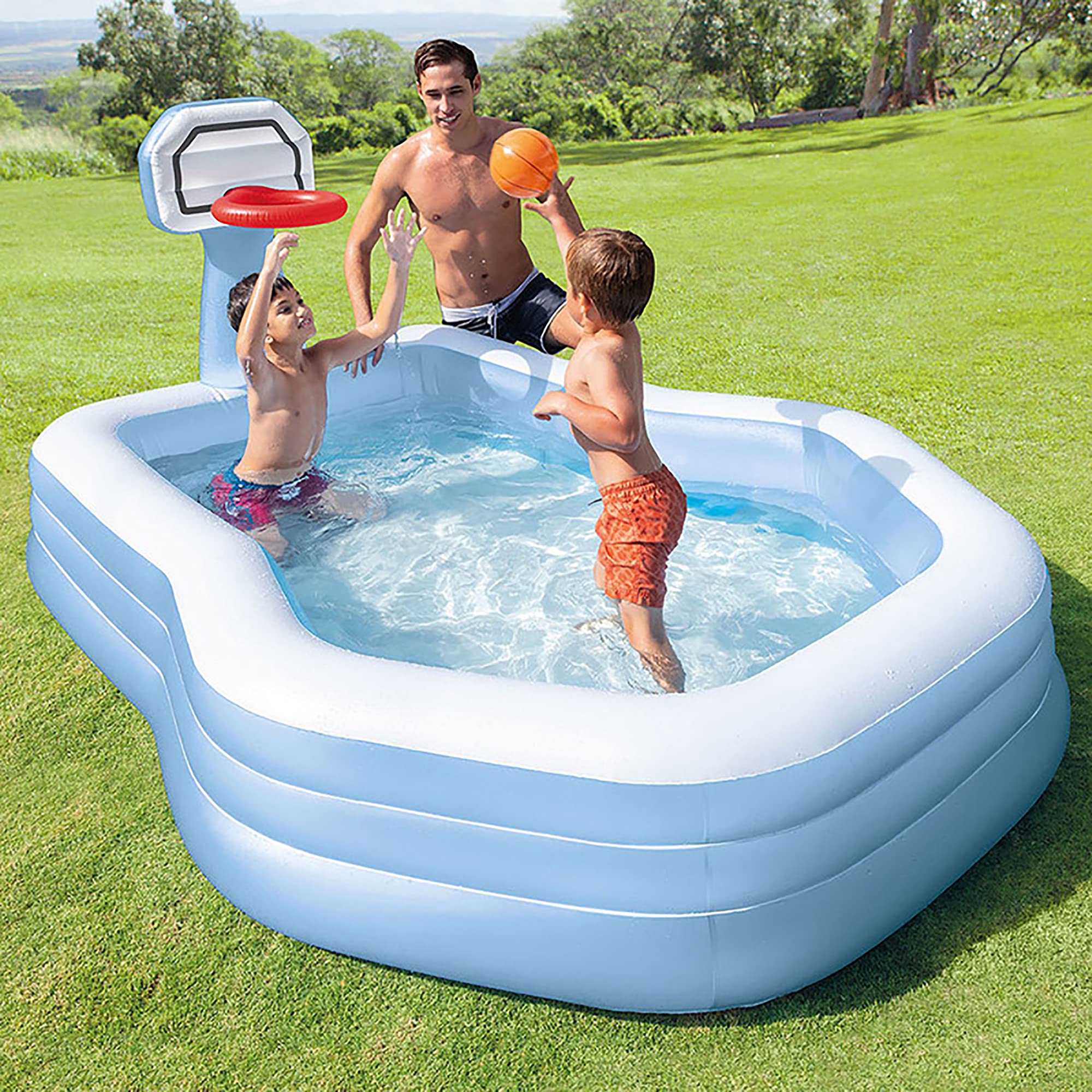 73HA73 Inflatable Swimming Pool Kiddie Basketball Hoop Family Blow Up Pool Lounge for Backyard Outdoor Summer Party with Electric Air Pump