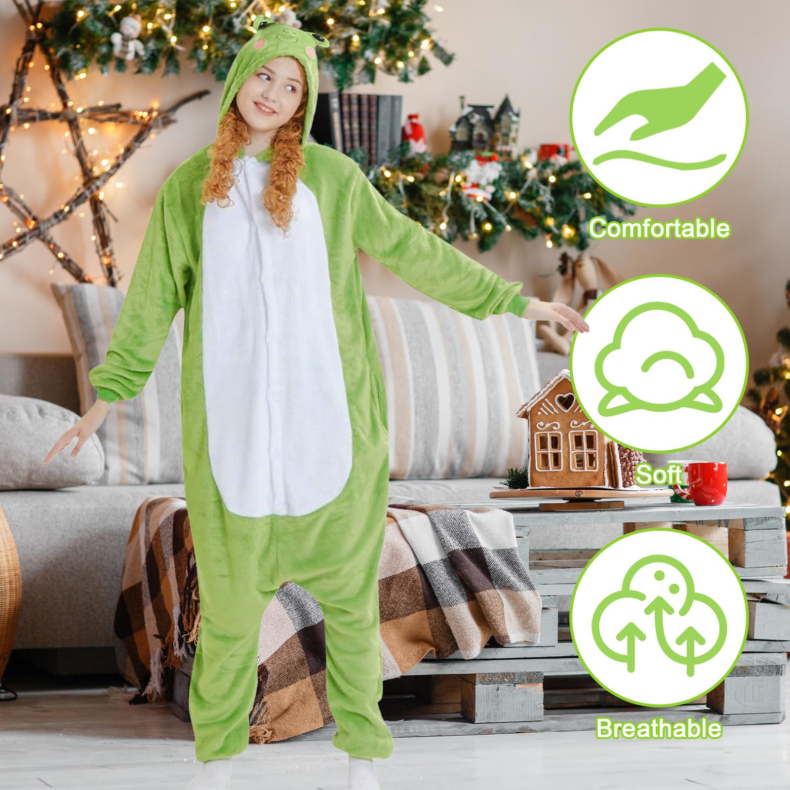Costume de grenouille unisexe - Pyjama une pièce - Combinaison pour adulte - Avec capuche - Animal - Vêtements de nuit - En peluche - Pour homme et femme - Pour Halloween, carnaval, cosplay