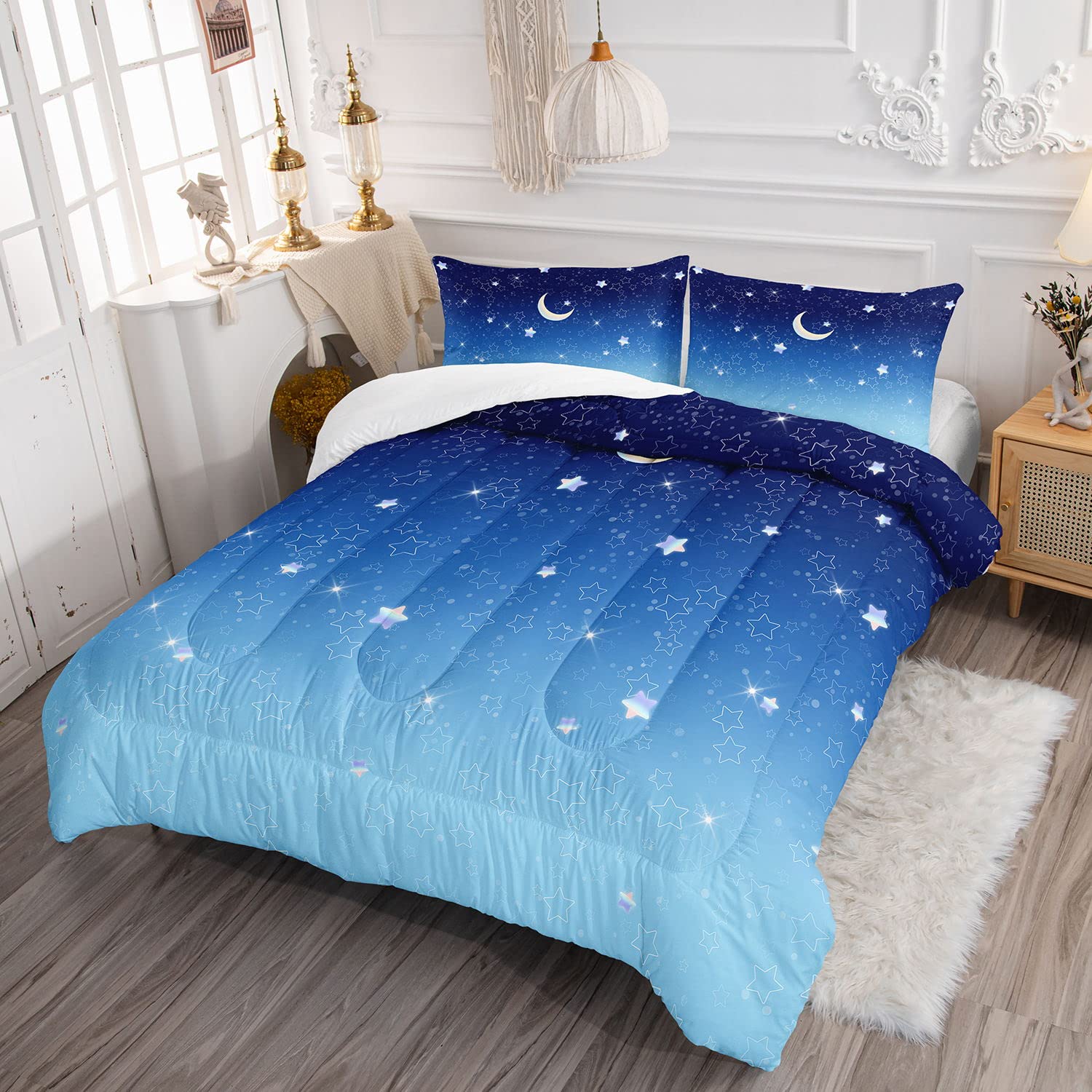 Datura home Starry Sky Comforter Set Blue Gradient Printed Pattern Quilt Bedding Set with 1 Comforter and 2 Pillowcases for Girls Women Bedroom All Season(Blue Gradient Twin)