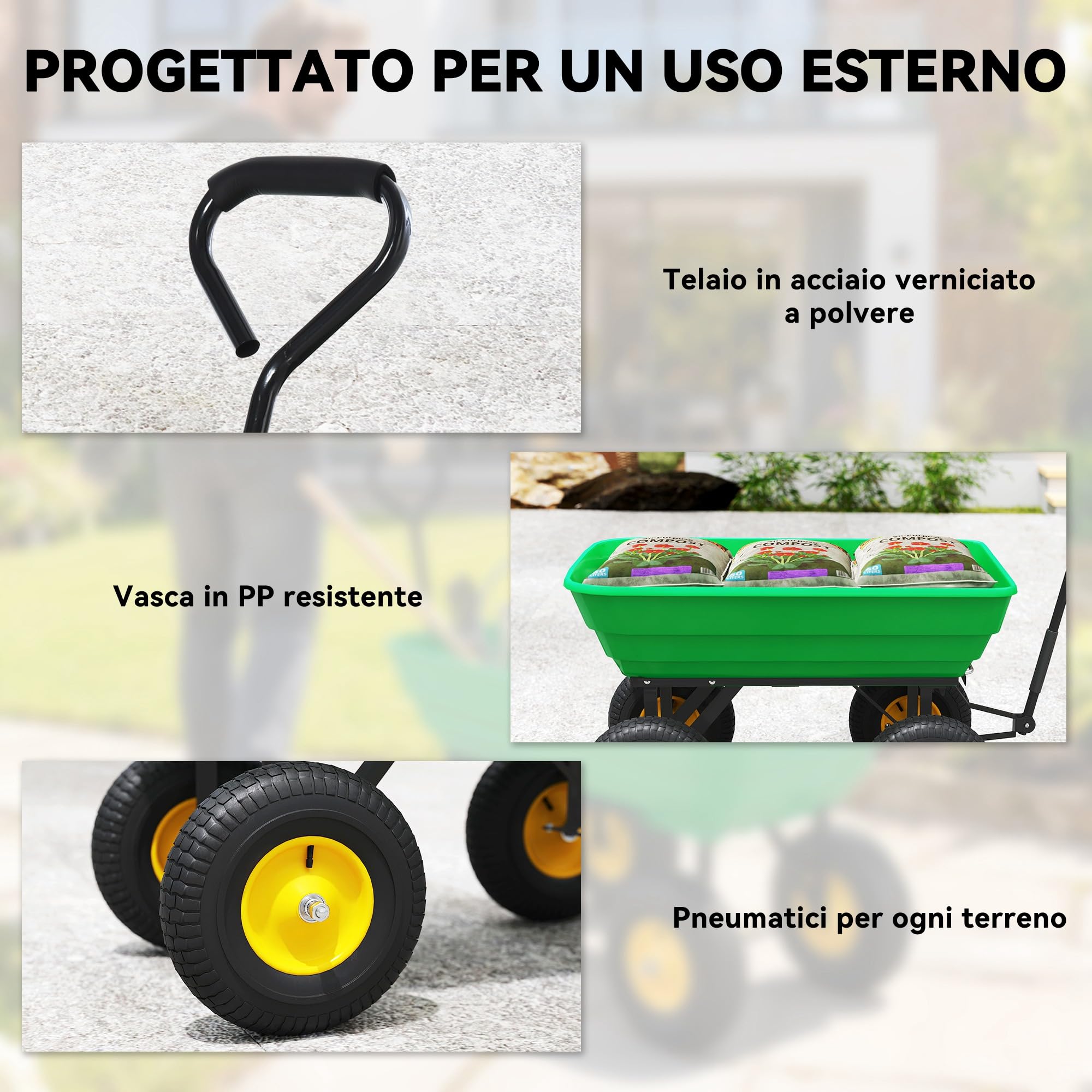Outsunny Carrello da Giardino 75L in Acciaio e PP con Vasca ribaltabile e Maniglia da Trasporto, 109x52x94 cm, Verde Scuro