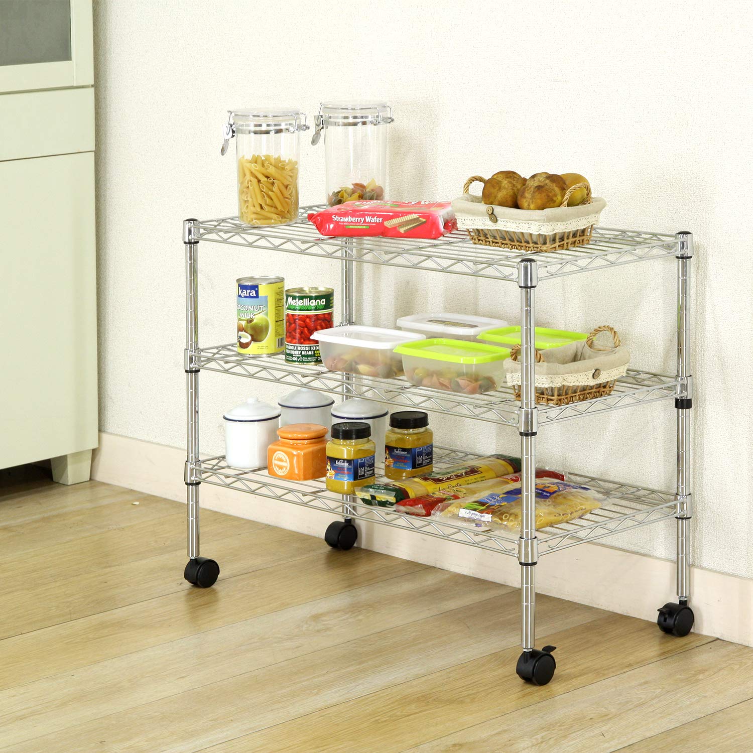 ????(Fujiboeki) Fuji Boeki 91784 TV Stand, Lowboard, 3 Tiers, Width 29.5 x Depth 13.8 x Height 22.8 ft (75 x 35 x 58 m), Silver with Casters, Metal Rack, Assembly Product