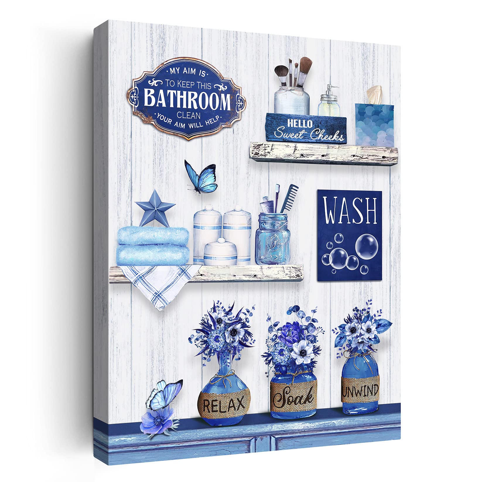 Farmhouse Bathroom Decor Wall Art Rustic Flower and Butterfly Bathroom Pictures Canvas Print Blue Country Bathroom Wall Decor Soak Relax Unwind Bathroom Wall Art Framed Ready To Hang 12"x16"
