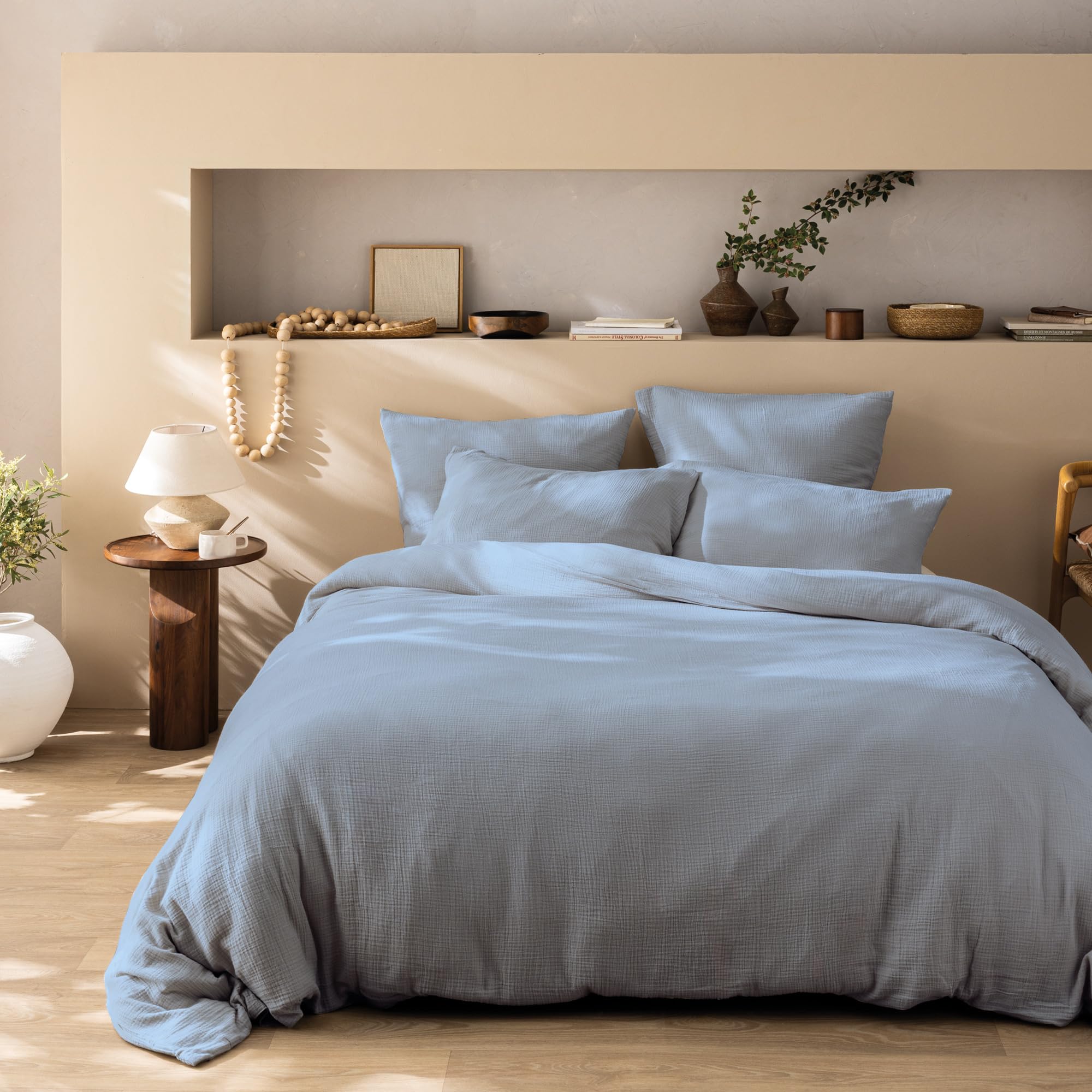 Housse de couette 240x220cm en gaze de coton MATT & ROSE Bleu Horizon avec taies