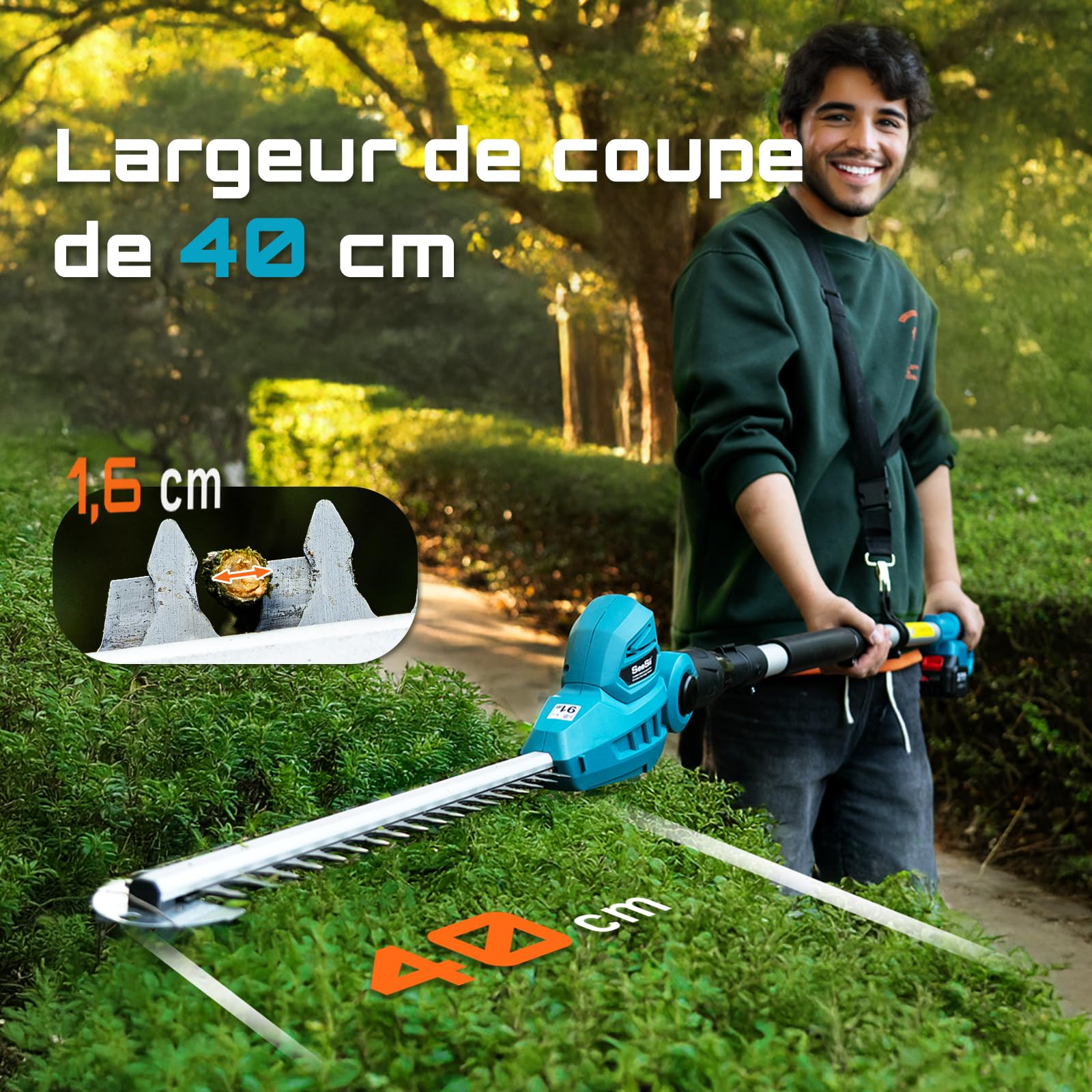 SEESII Taille Haie Electrique Telescopique 2,6 m, Taille-Haies Électriques avec Lame Double Action 40 cm, 2 * Batteries 4,0Ah, Tête Pivotante 135° Réglable, pour Haies Hautes et Arbustes Denses