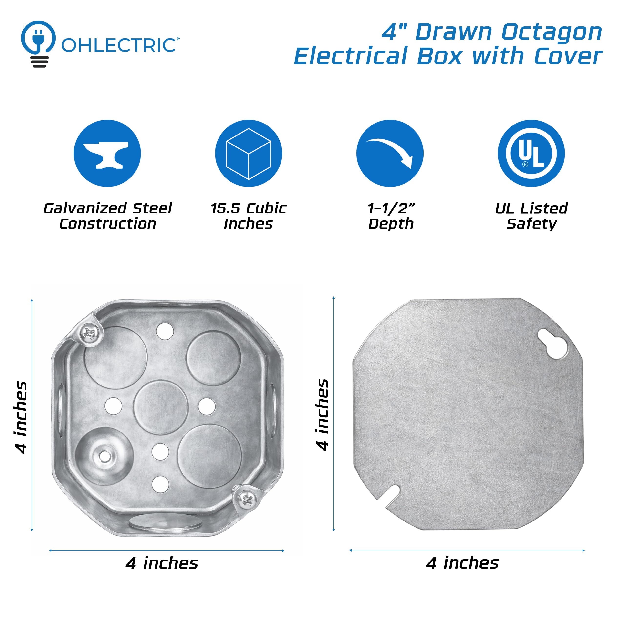 OHLECTRIC Scatola elettrica ottagonale in metallo da 10 cm con coperture vuote (confezione da 10) 3-1/2 pollici profonda, terra rialzata, kit scatola di giunzione in acciaio zincato, (4) 1/2" e (4) 3