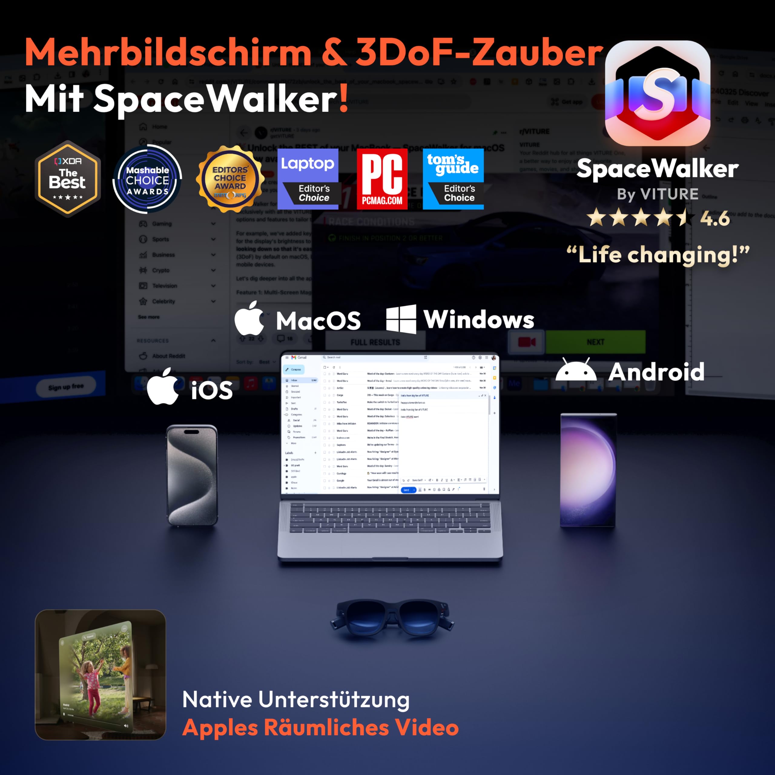 VITURE Pro XR/AR Brille, 135“ 120Hz 1000Nits, Harman Audio, elektrochromer Film, 3D Brille kompatibel mit iPhone 17/16/15/Android/Mac/PC/Steam Deck (Mattschwarz)