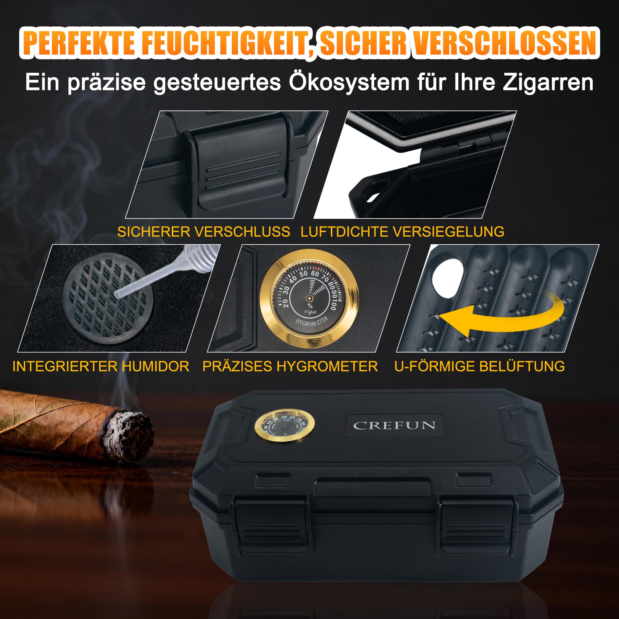 Zigarren Humidor mit Befeuchter & Hygrometer, 3-lagiger Reisehumidor für 10 Zigarren, Zigarrenetui mit integriertem Zigarrenaschenbecher, Zigarren Zubehör Set & Geschenkset für Männer