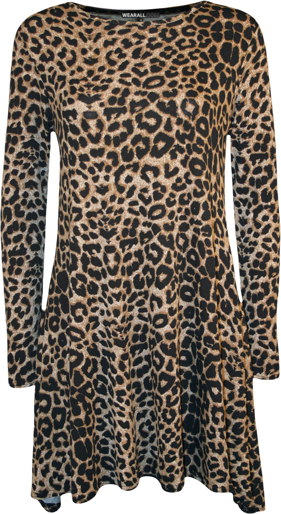WearAll Plus Size Womens Plain Long Sleeve Stretch Ladies Swing Dress Top - Brown Leopard 20-22
