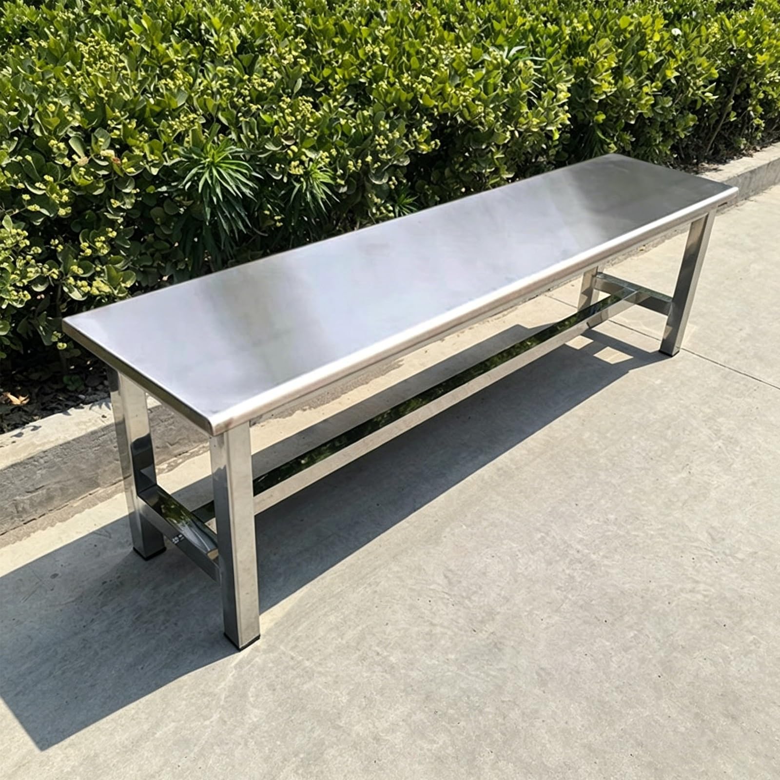 Banco de jardín sin respaldo de acero inoxidable resistente a la intemperie de 78.7 pulgadas, multiusos para exteriores, para vestuario, porche, patio, entrada al parque, plateado, A