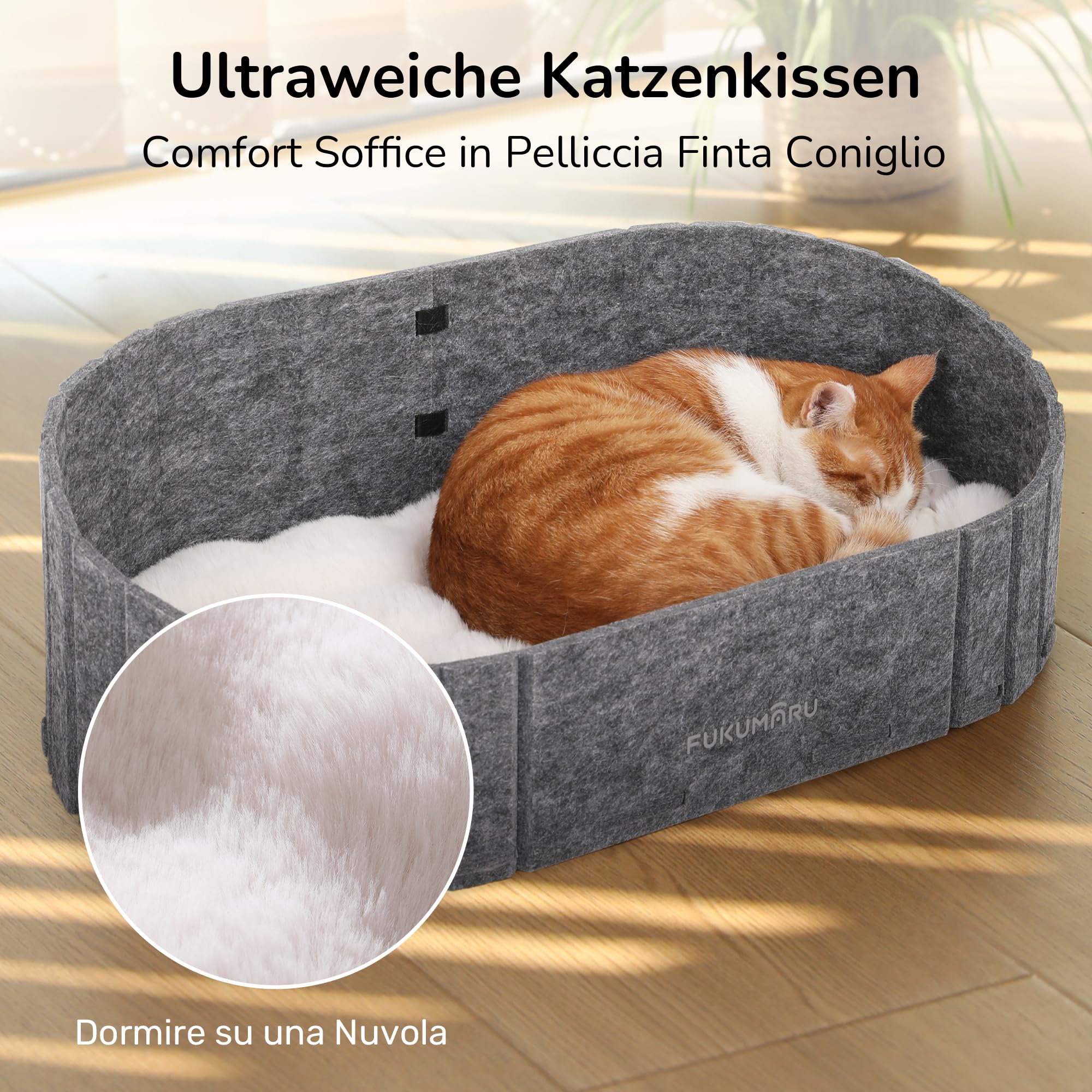 FUKUMARU Katzenbett, 61 cm großes Katzen-Couchbett mit gemütlichem Kunstkaninchenfell-Kissen, Filz-Katzenhaus-Sofa in ovaler Form, grau