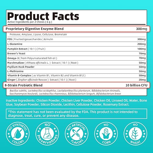 Miniatura 9 de Probióticos para perros, enzimas digestivas para apoyo a la salud intestinal, suplemento de fibra para perros con calabaza para diarrea y apoyo