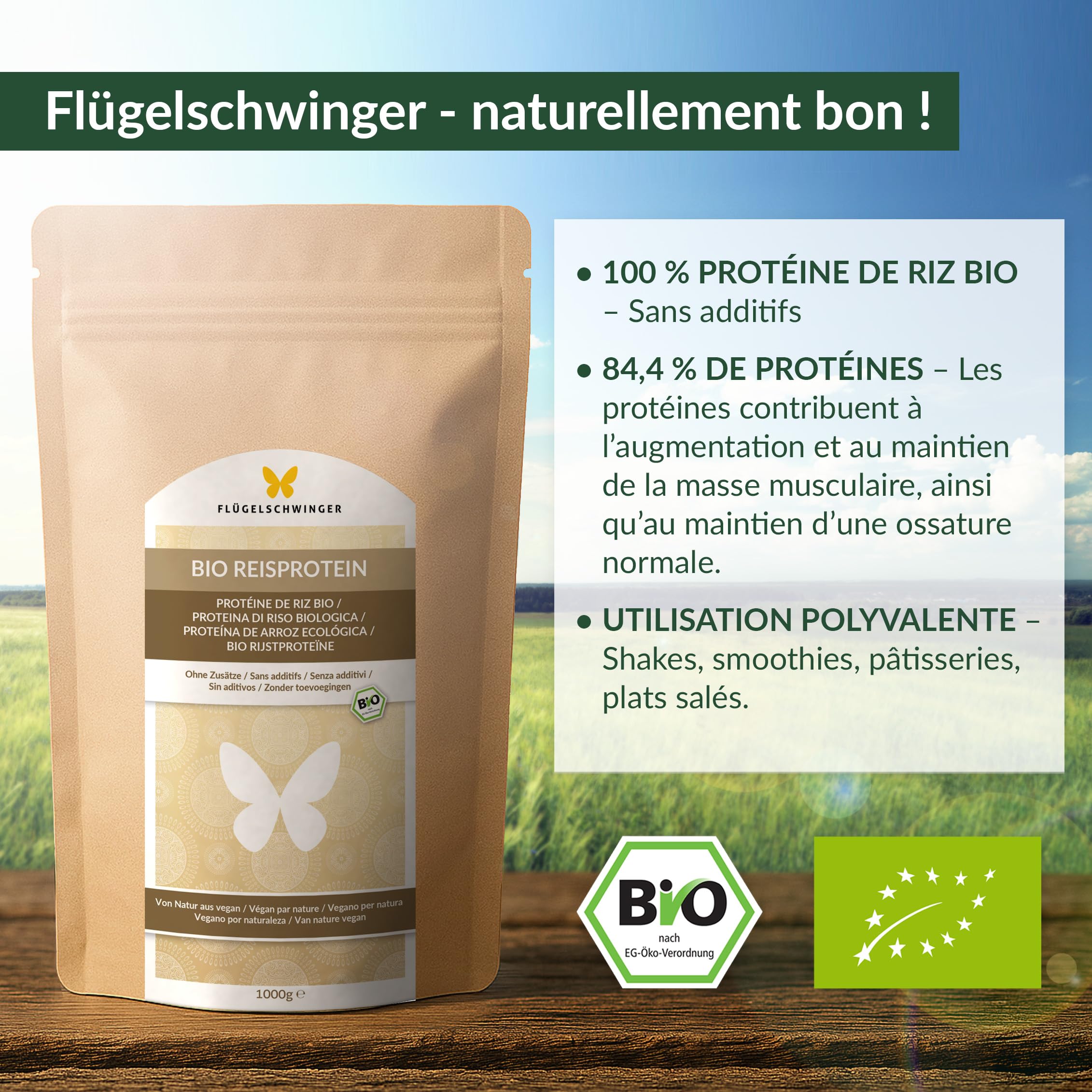 1 kg de protéine de riz BIO avec 84,4% de protéines, sans additifs, naturellement végan, sans soja (1000g)