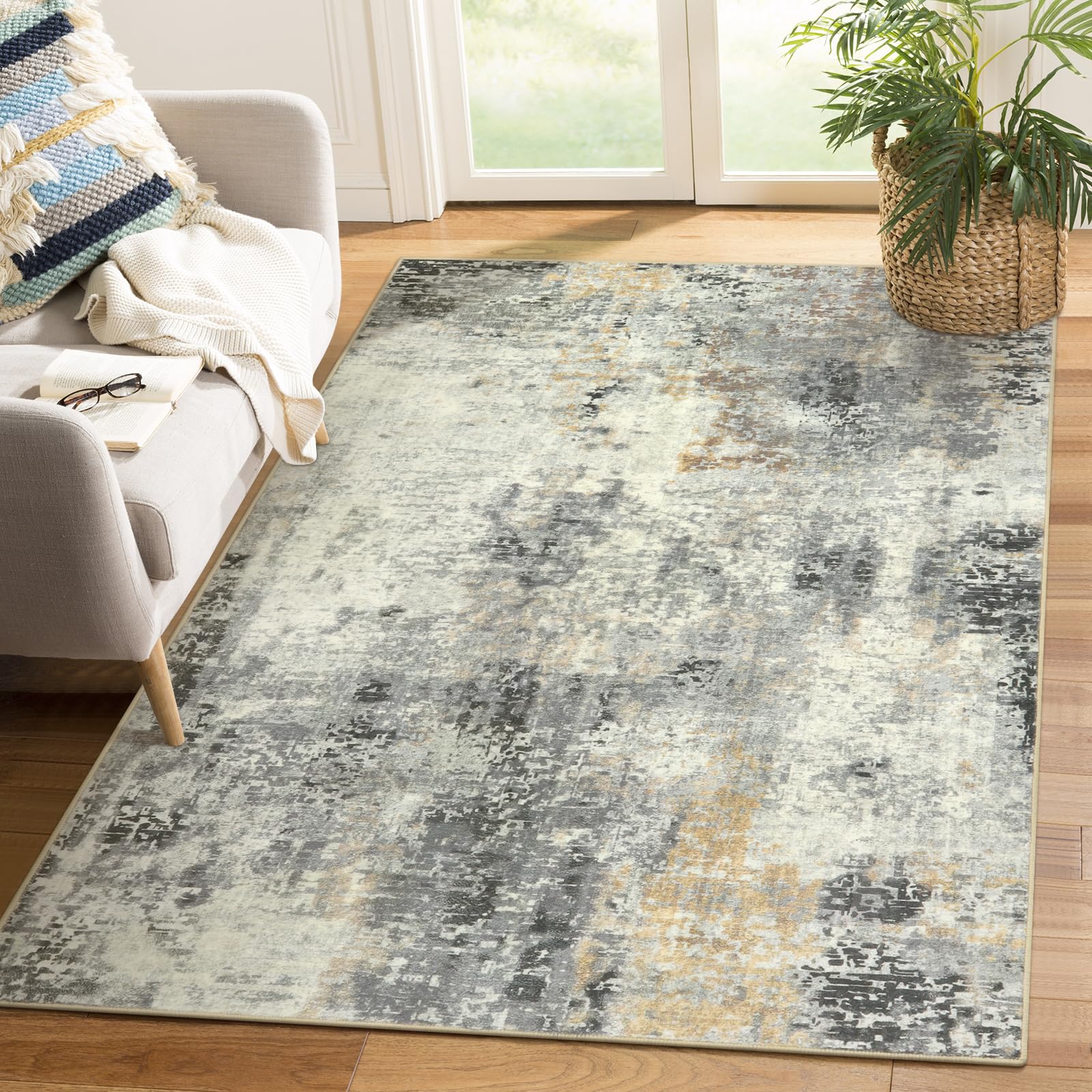 Lahome Modern Abstract Area Rug - 4x6 Grey Rugs for Bedroom Washable Dining Room Rug Living Room Mat, Non Slip Contemporary Indoor Floor Nursery Carpet for Kitchen Laundry Room Entryway