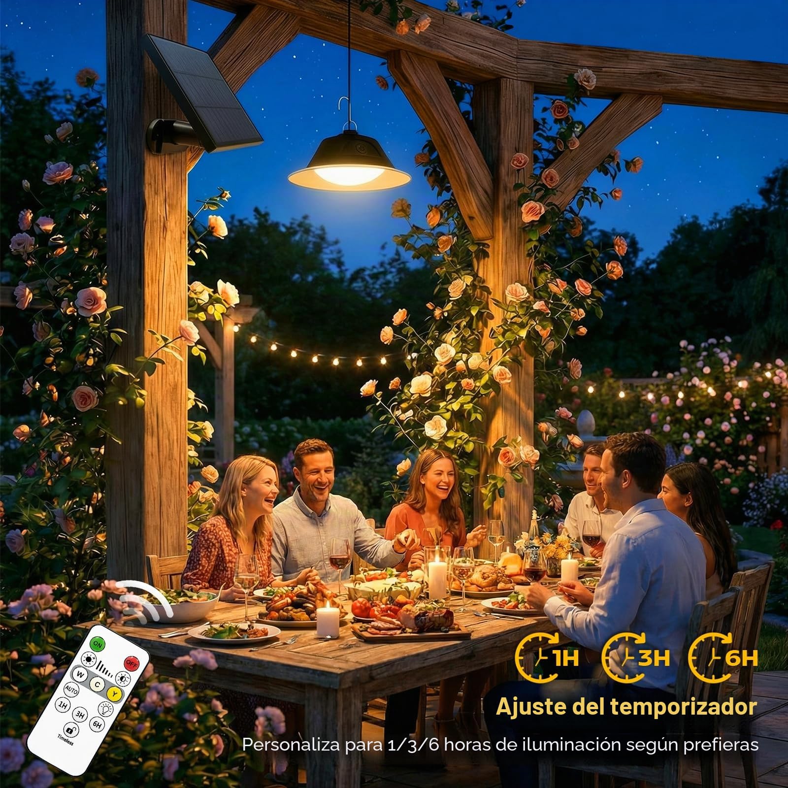 AGOTD Lámpara solar colgante para exterior con mando a distancia, lámpara solar con intensidad variable/programable, gran capacidad de batería y resistente al agua IP65, luz solar con cable de 5 m