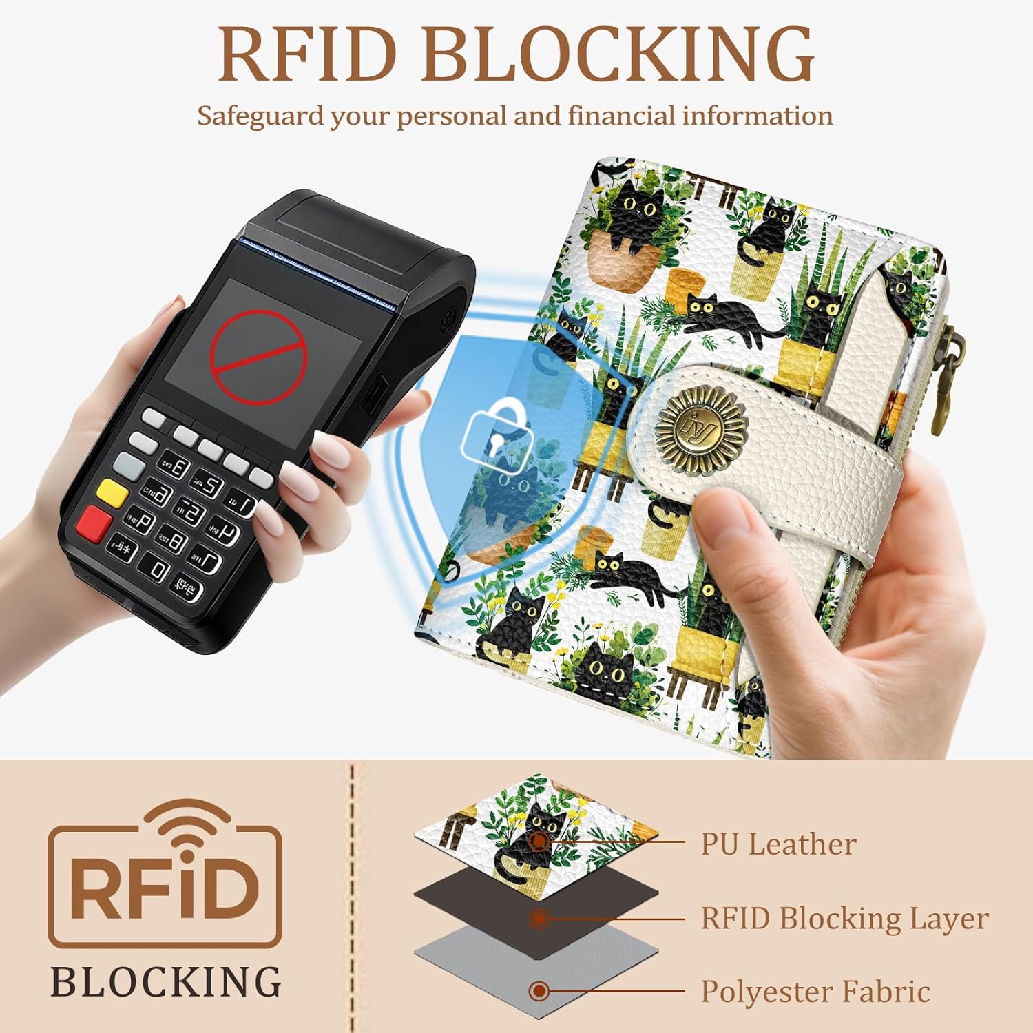 Black Cat Small Wallet Women RFID Blocking Bifold, Cute Credit Card Holder, Zipper Coin Pocket, Compact, Travel, PU Leather, 4 ID Window, 14 Card Slots, Cash Purse, Ladies Woman Female Girls - Image 3