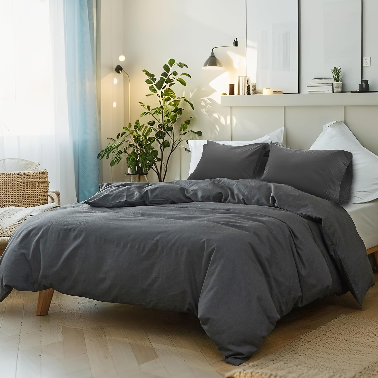 FALUCA French Linen Duvet Cover Set 3-Piece Queen (88"x92") - Soft & Comfortable Linen-Cotton Blend, Breathable Farmhouse Bedding for All Seasons& Luxury Home Decor, Dark Grey/Charcoal - Image 8