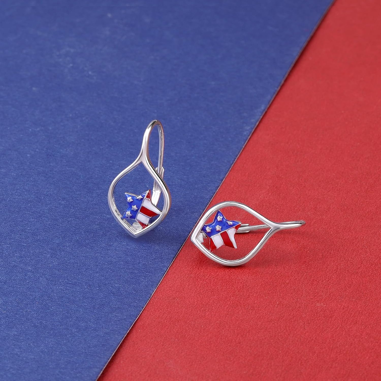 American Flag Lever Back Earrings for Women: 925 Sterling Silver USA Flag Dangle Earrings 4th of July Star Lever Back Dangle Earring Independence Day Patriotic Jewelry Gifts