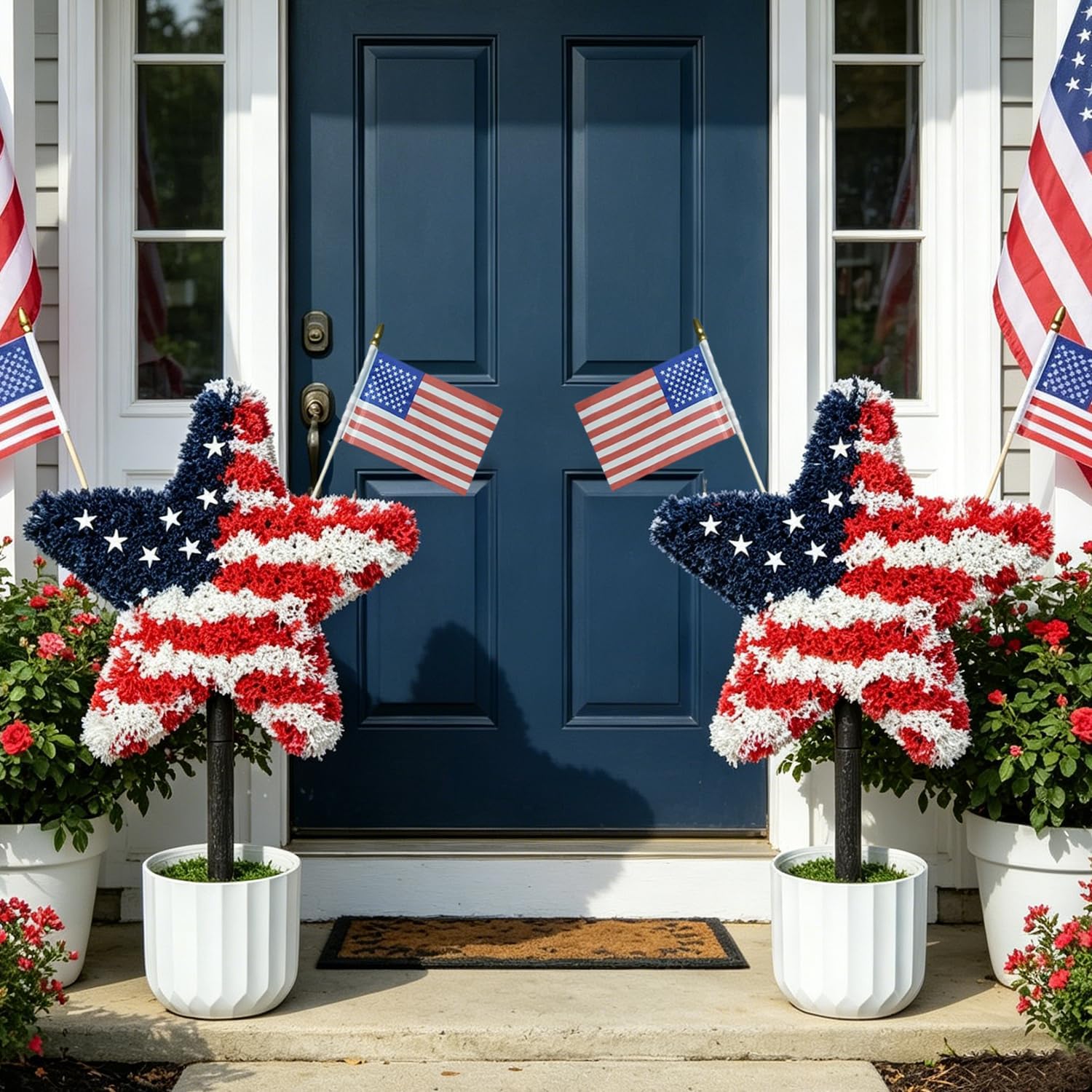 2 Pack Star Topiary Trees for 4th of July Decoration, Outdoor Artificial Plant with Pot & Ground Spike, Front Porch Star Shaped Patriotic Decor w/4 USA Flags, for Memorial Day Independence Day thumbnail
