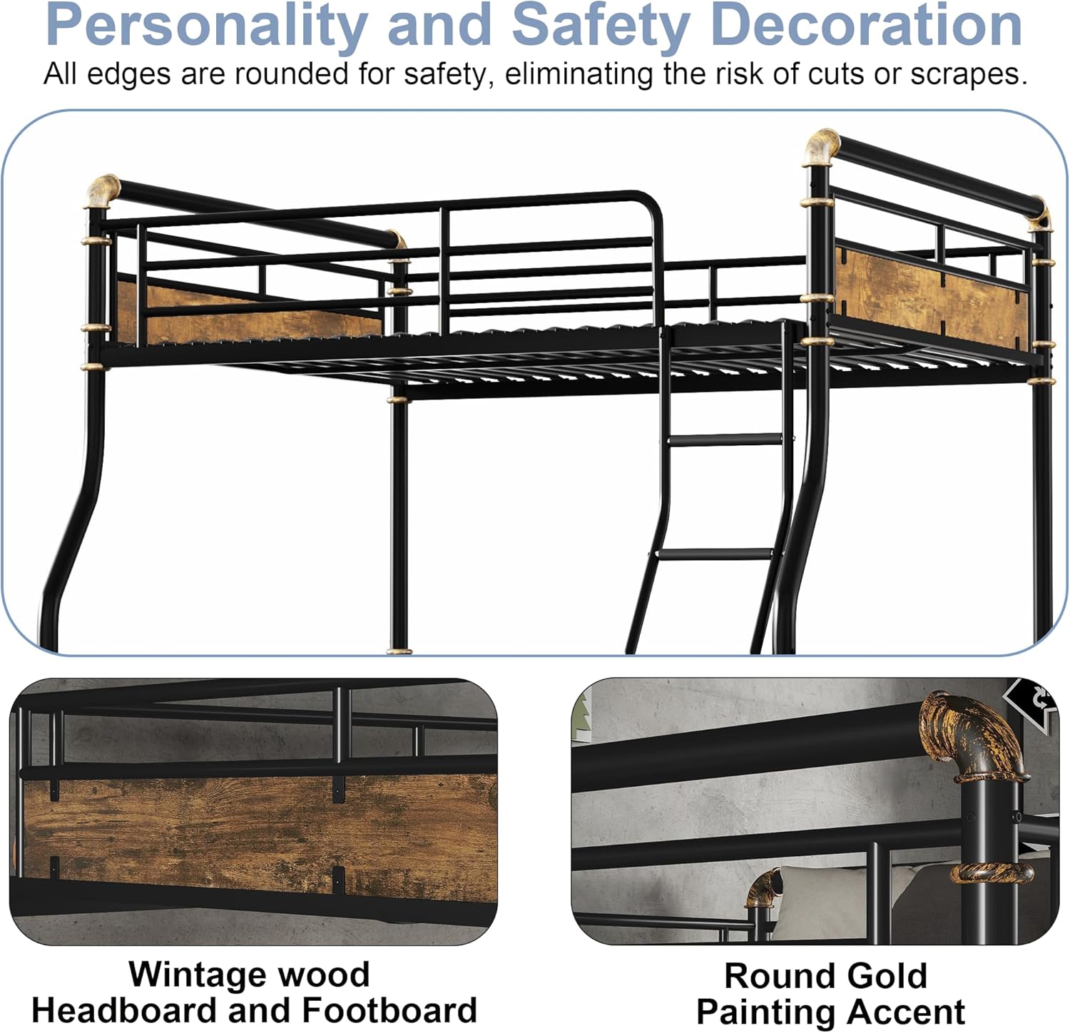 Full XL Over Queen Bunk Bed, Industrial Detachable Bunked Frame with Soft Ladder Rung Cover and High Guardrails, Industrial Bunk Beds for Kids Boys Girls Teens, Black