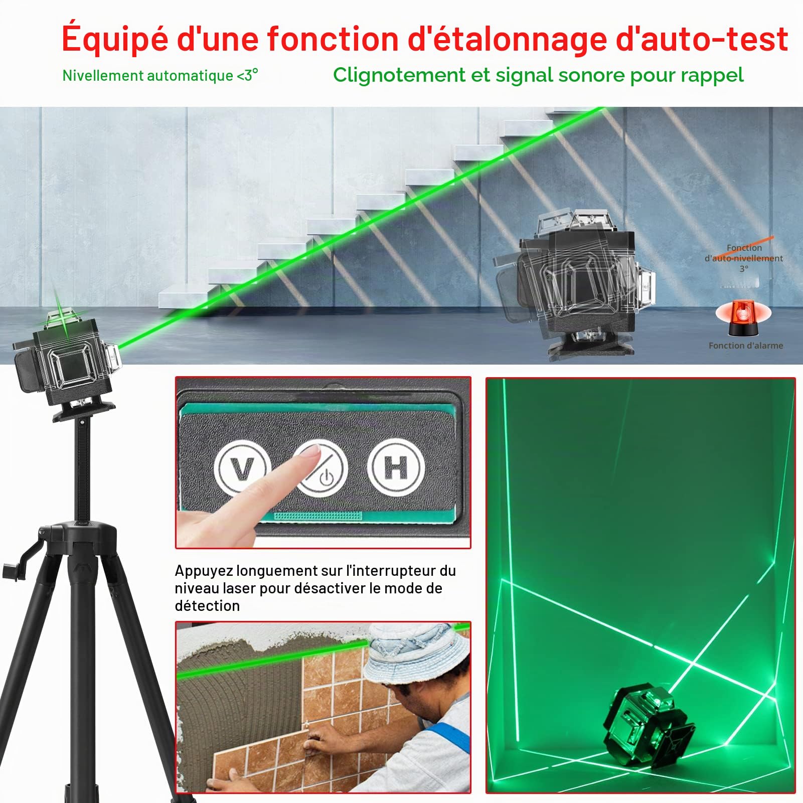Weytoll Niveau laser 16 lignes 3° Machine auto-nivelante IP54 Ensemble d'outils d'amélioration de l'habitat étanche avec 2 batteries au lithium rechargeables Trépied réglable en hauteur de 1,2 m