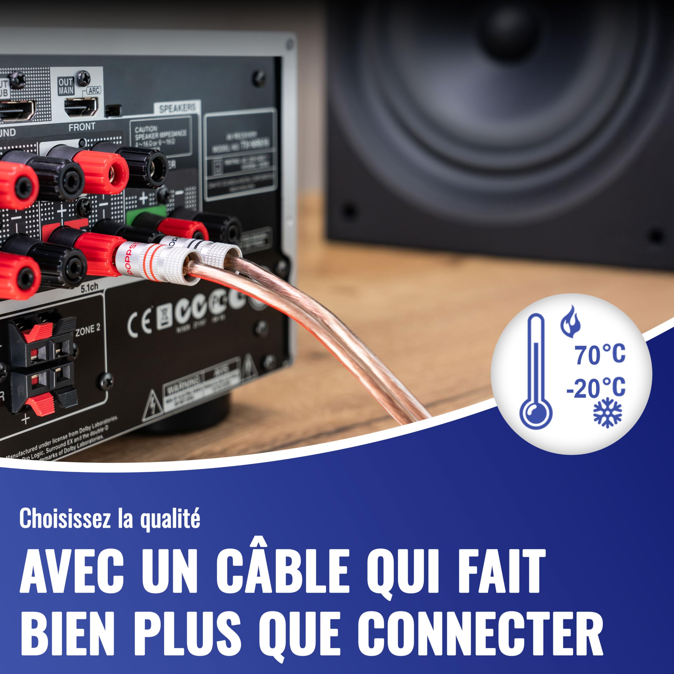 Poppstar Câble de Haut-parleur 50m 2x2,5 mm² (conducteur interne entièrement en cuivre OFC 99,99%, gaine PVC transparente)