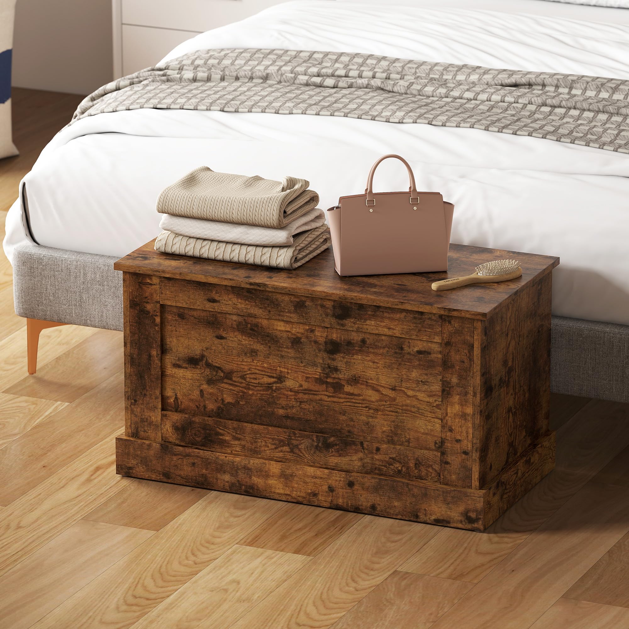 HOMCOM Aufbewahrungstruhe Spielzeugtruhe 80x40x45 cm Rustikales Braun | Aus Holz, Sicherheitsscharnier, für Wohnzimmer, Eingangsbereich