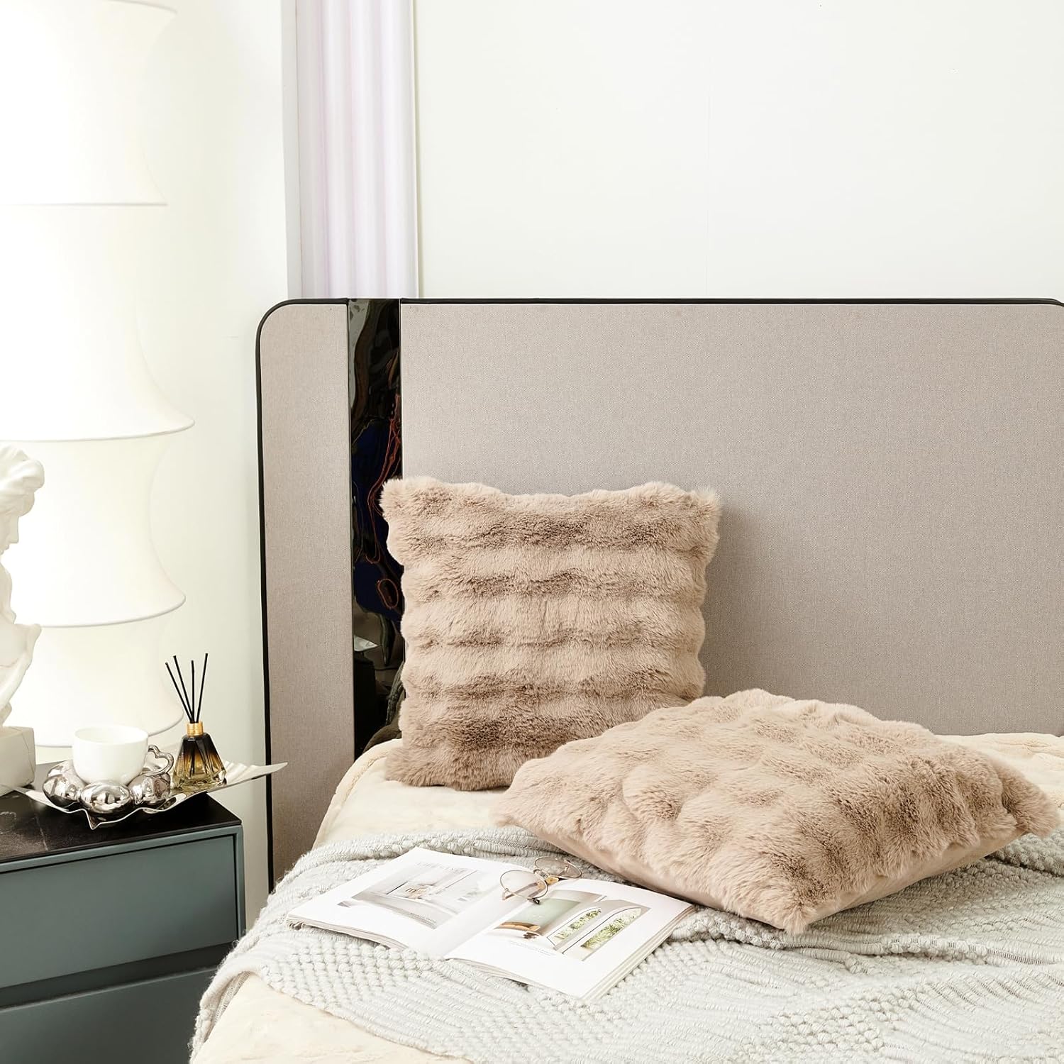 HYSEAS Faux Rabbit Fur Throw Pillow Covers 18" x 18", Taupe, Set of 2 Soft Comfortable Fluffy Cozy Elegant Decorative Pillow Covers, Home Décor Ideal for Bedrooms, Sofas, Recliners, and RVs - Image 2