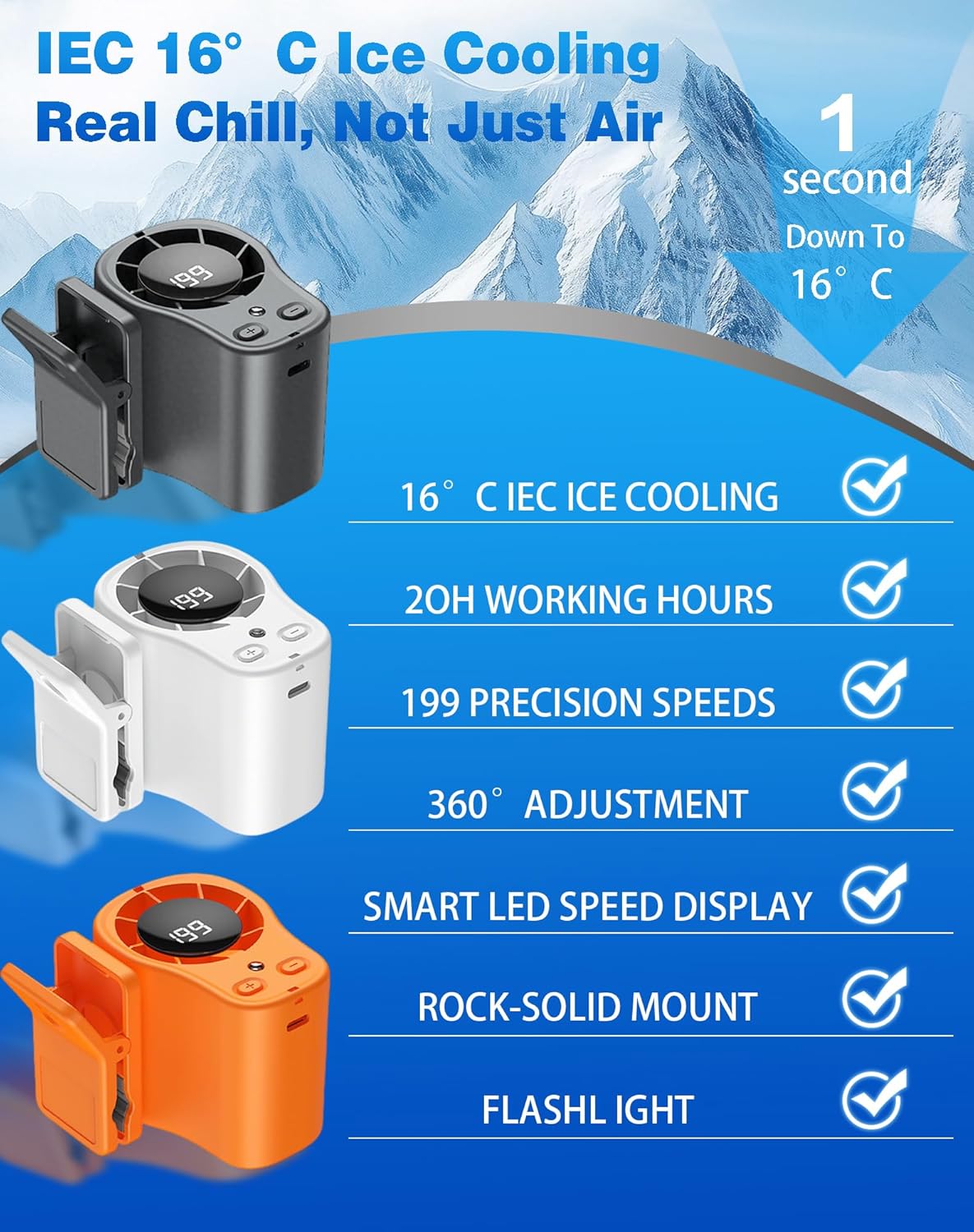 2026 Car Clip on Air Conditioner Fan with LED Display - 360° Rotation, 199 Speeds & Semi-Cooling Technology, USB Rechargeable Personal Fan, Hands-Free Clip on Fan for Cars, Work, Camping (A-Dark Grey)