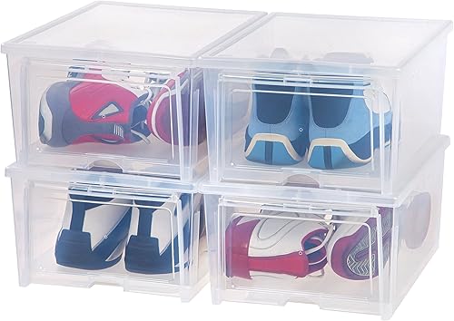 IRIS USA Amplia caja apilable de almacenamiento de zapatos con puerta abatible y rejillas de ventilación, paquete de 4, resistente bufanda de