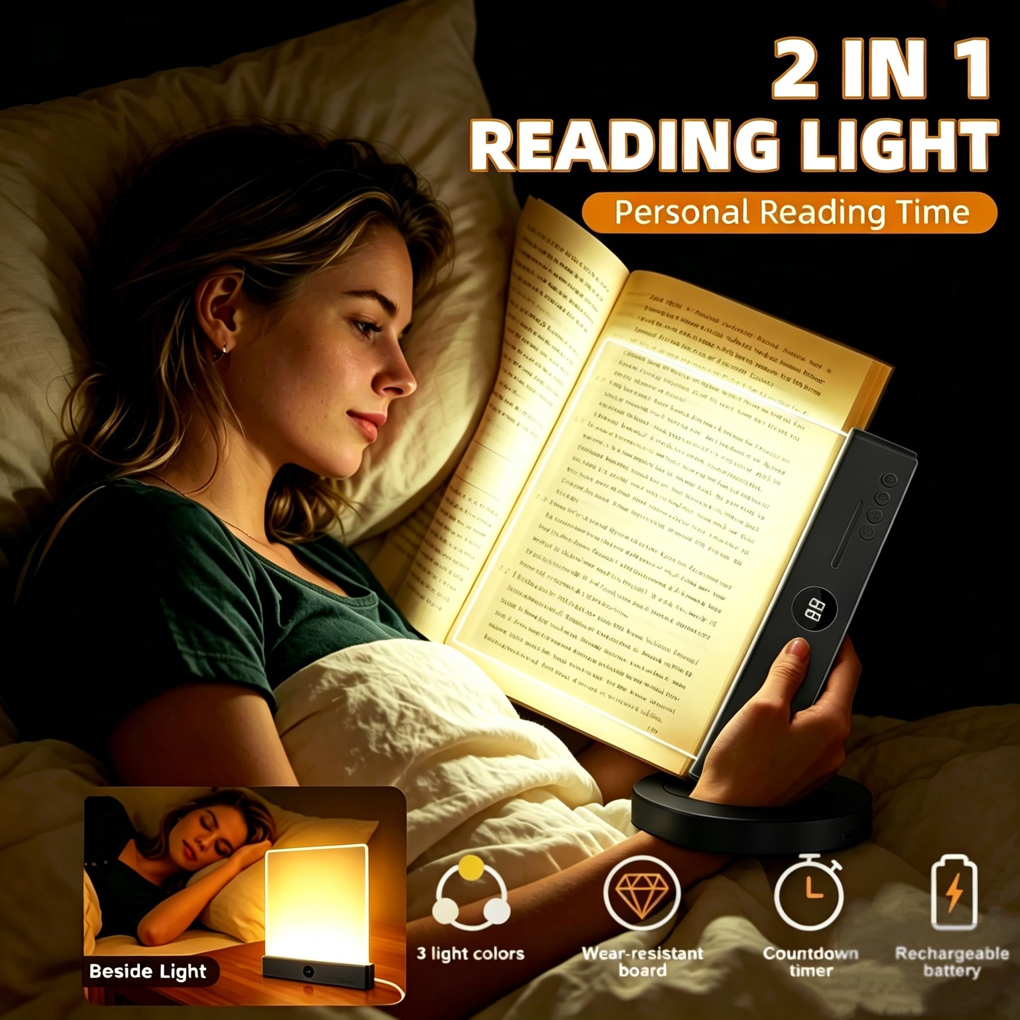 Luz Plana para Libros, Inteligente Luces de Lectura LED con Cronómetro y Luces de 3 colores, Recargable Smart LED Book Light Brillo Ajustable Para Leer en la Cama por la Noche