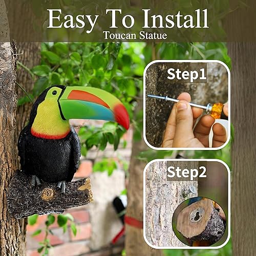 Miniatura 10 de Decoración de árbol tucán para colgar en el jardín, estatua de jardín de 11.4 pulgadas de alto, resina multicolor, animales tropicales, escultura de